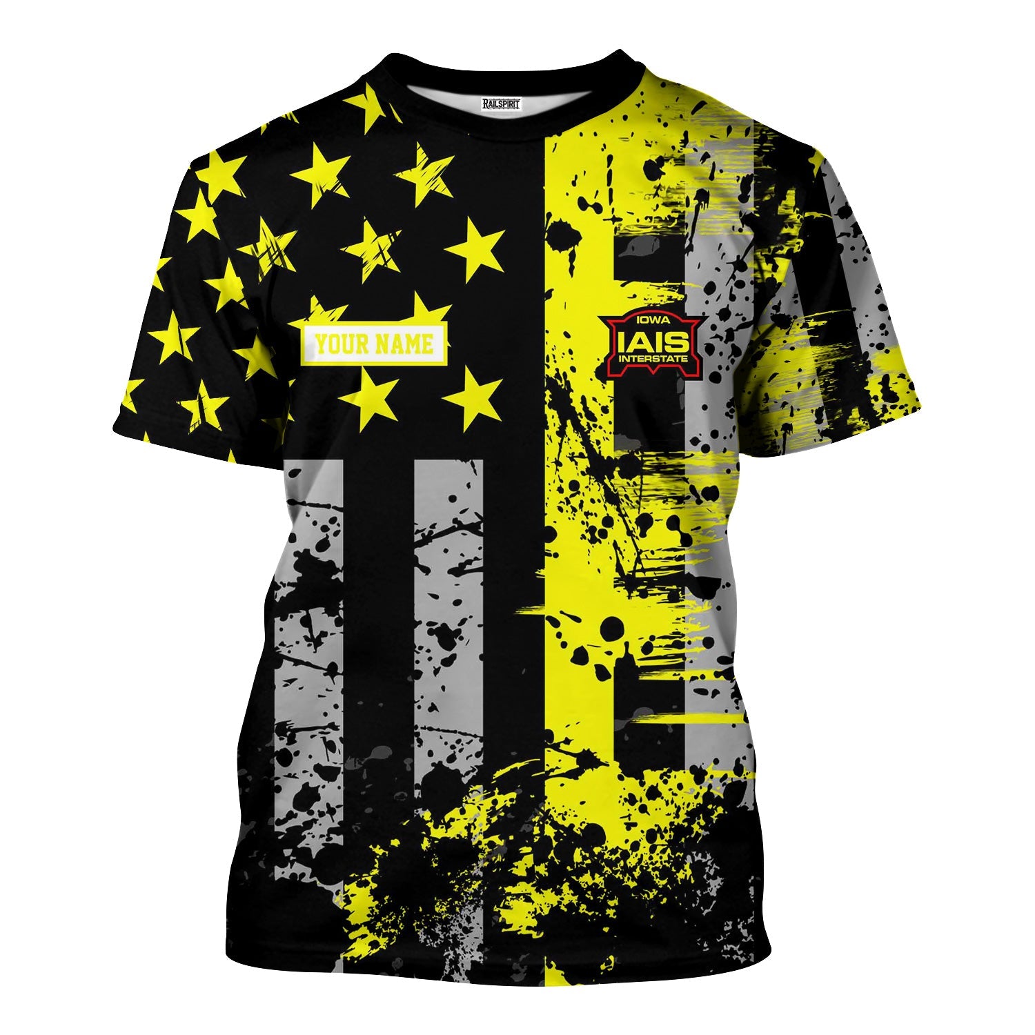 Railspirit Personalized Iowa Interstate Railroad T-Shirt Artistic Paint American Flag Style IAIS Train Shirt