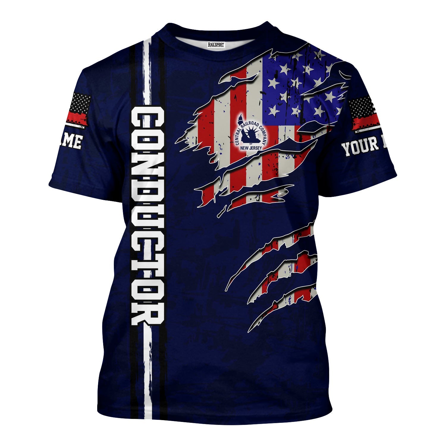Railspirit Personalized Jersey Central Railroad T-Shirt USA Flag Claw Art with Custom Job CNJ Train Shirt
