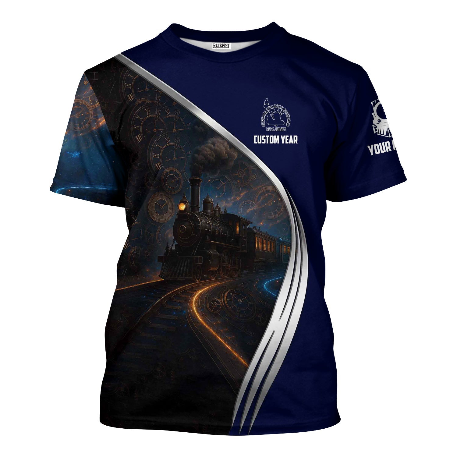 Railspirit Personalized Jersey Central Railroad T-Shirt Steampunk Locomotive with Custom Year CNJ Train Shirt
