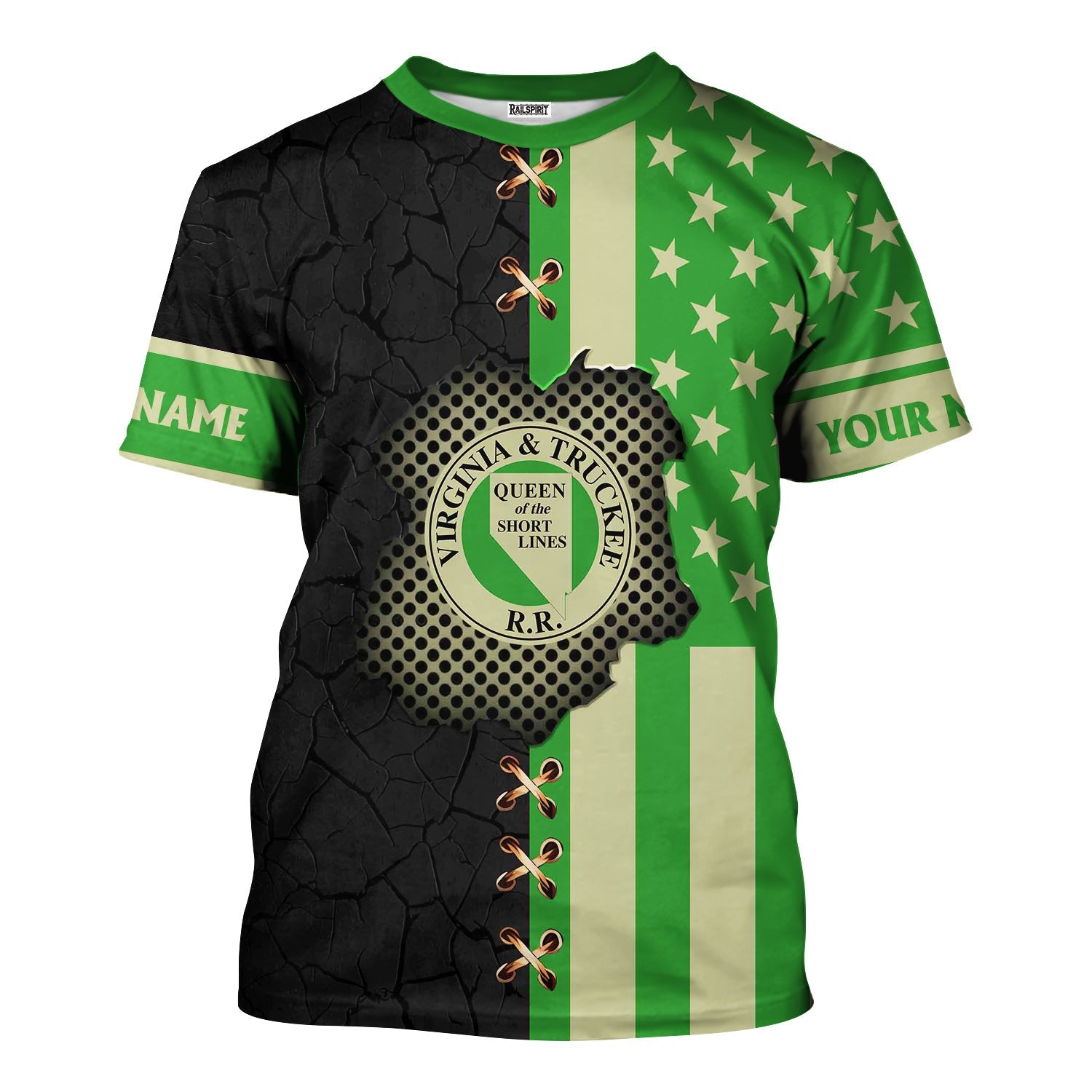 Railspirit Personalized Virginia & Truckee Railroad T-Shirt American Flag with Crack Effect Train Shirt