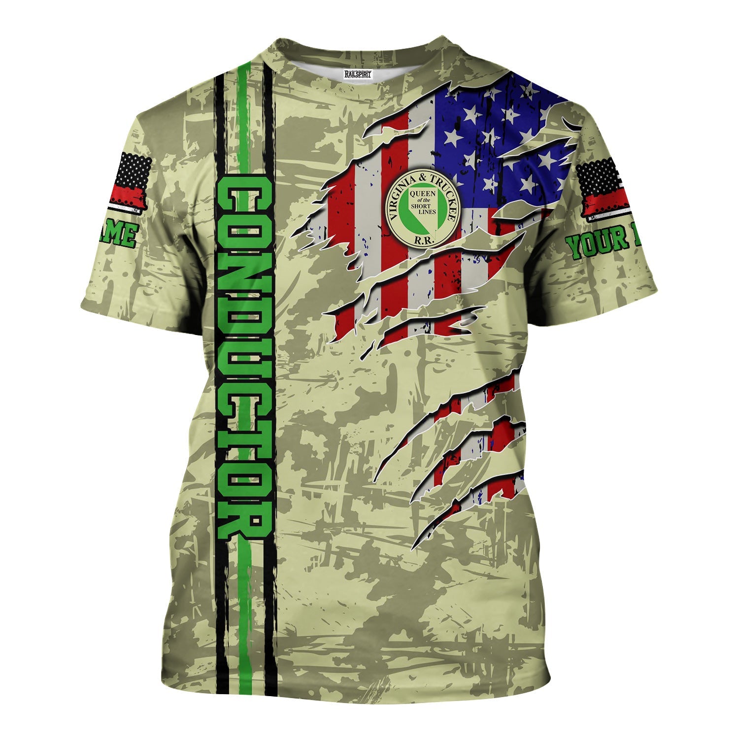 Railspirit Personalized Virginia & Truckee Railroad T-Shirt USA Flag Claw Art with Custom Job Train Shirt