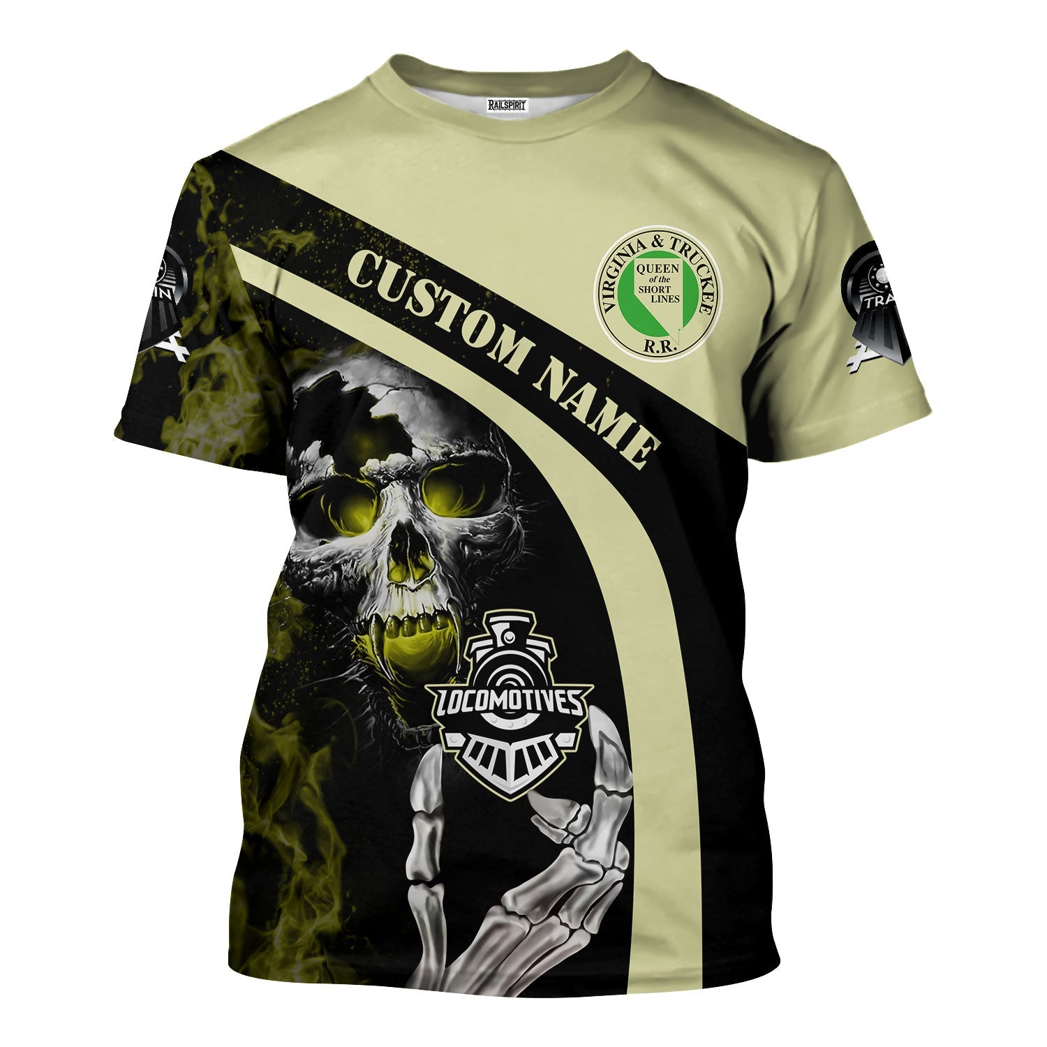 Railspirit Personalized Virginia & Truckee Railroad T-Shirt Flame Skull Design Train Shirt for Locomotive Fans