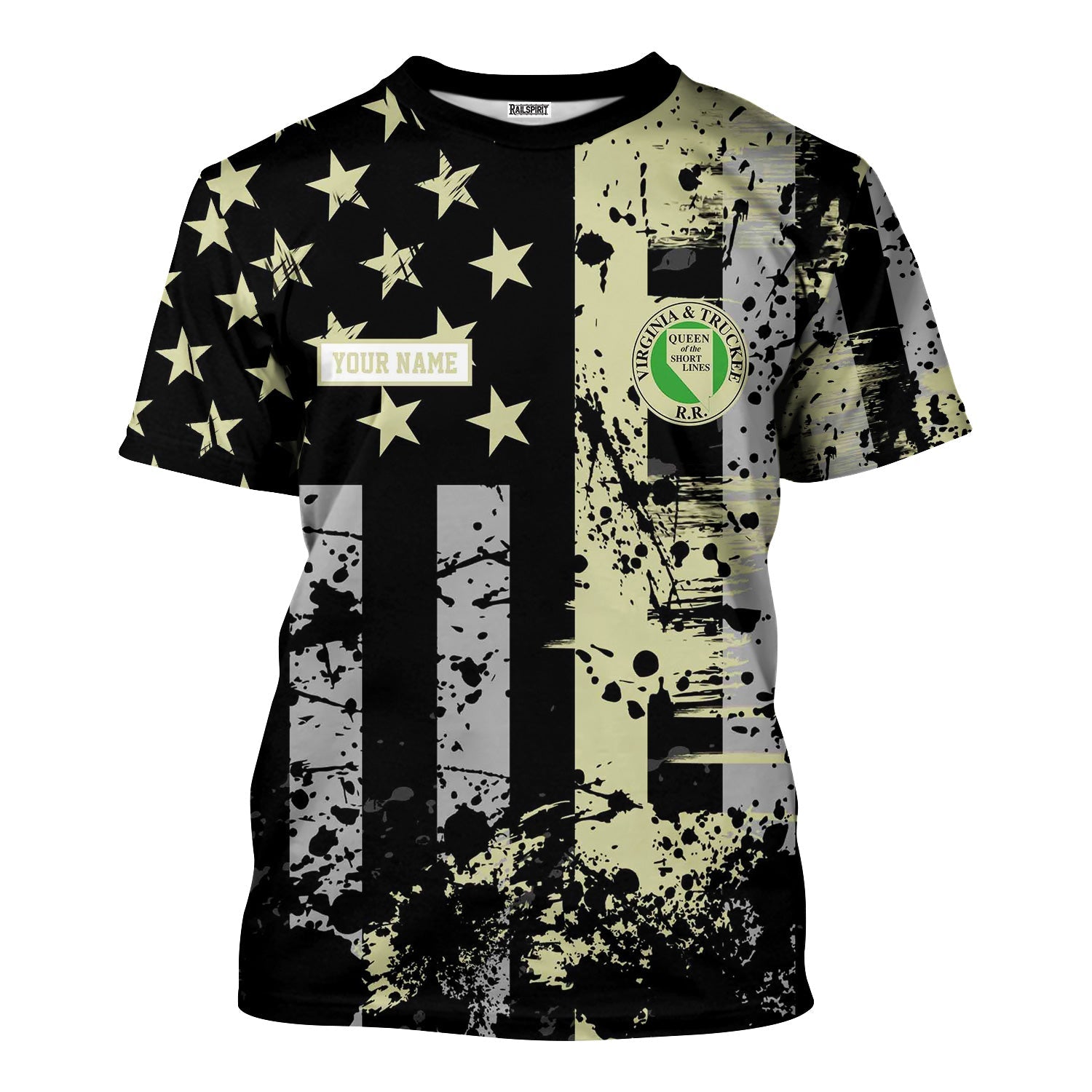 Railspirit Personalized Virginia & Truckee Railroad T-Shirt Artistic Paint American Flag Style Train Shirt