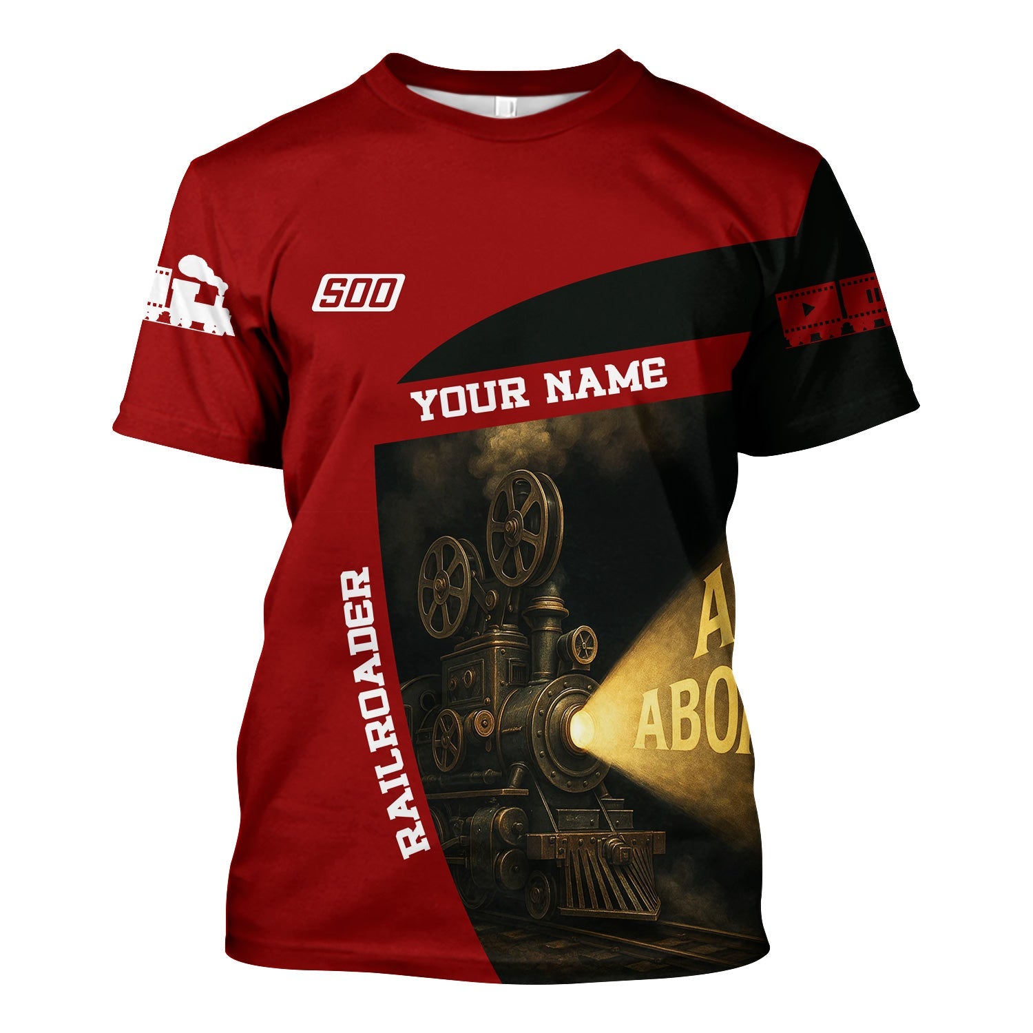 Railspirit Personalized Soo Line Railroad T-Shirt All Aboard Steam Train Movie Projector Style Shirt