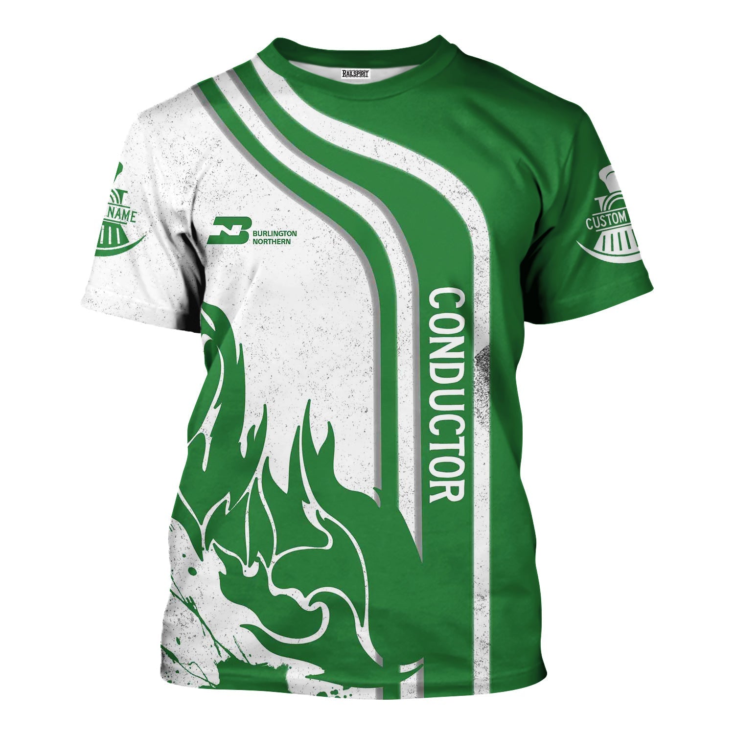 Railspirit Personalized Burlington Northern Railroad T-Shirt Flame Design with Custom Job Position Train Shirt