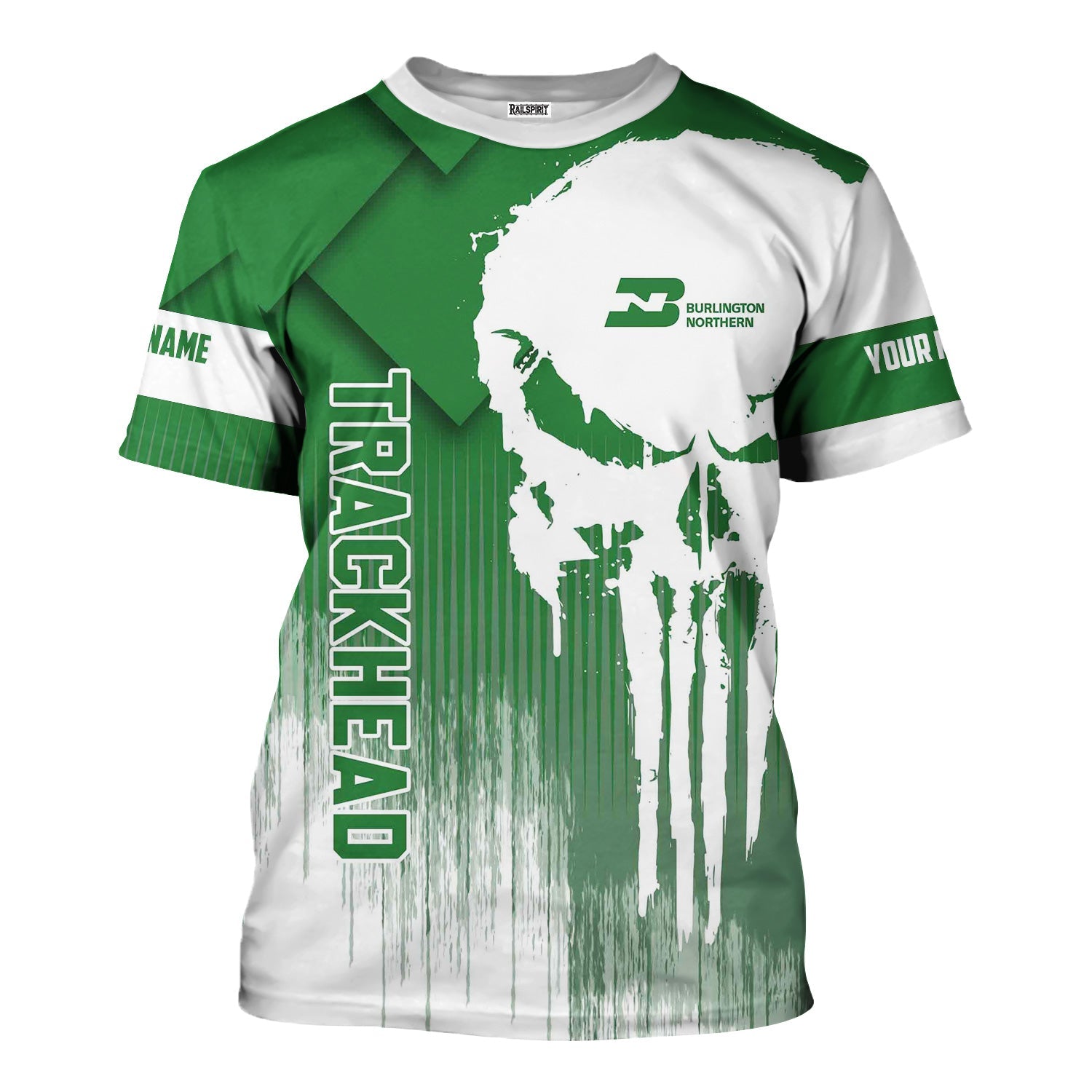 Railspirit Personalized Burlington Northern Railroad T-Shirt Skull Design with Custom Job Train Shirt for Trackhead Crew