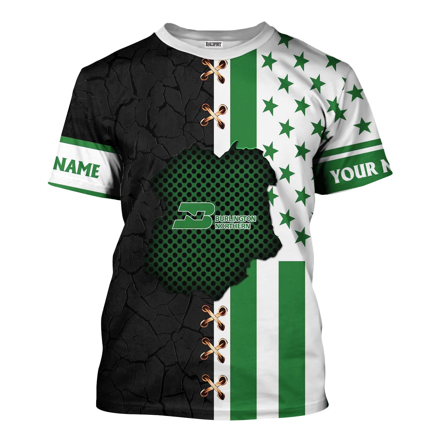 Railspirit Personalized Burlington Northern Railroad T-Shirt American Flag with Crack Effect Train Shirt