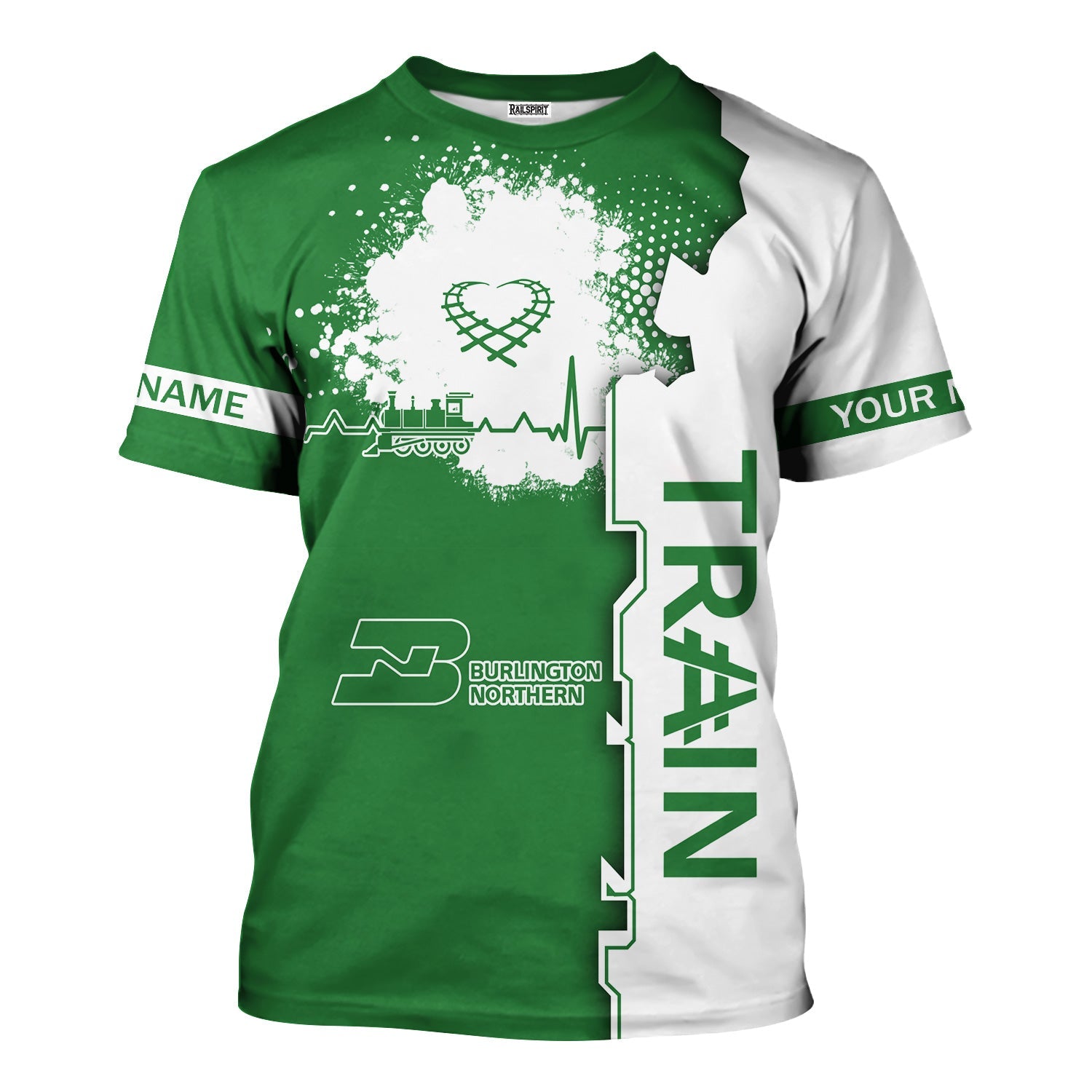Railspirit Personalized Burlington Northern Railroad T-Shirt Engine Heartbeat and Track Love Style Shirt Gift Idea For Train Lovers