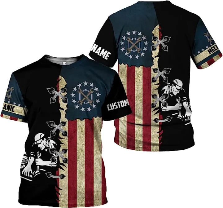 Custom Mechanic T-Shirt USA Flag Personalized, Mechanic Apparel for Men, Custom Name Shirt for Mechanic Lovers, Patriotic Gift for Mechanics