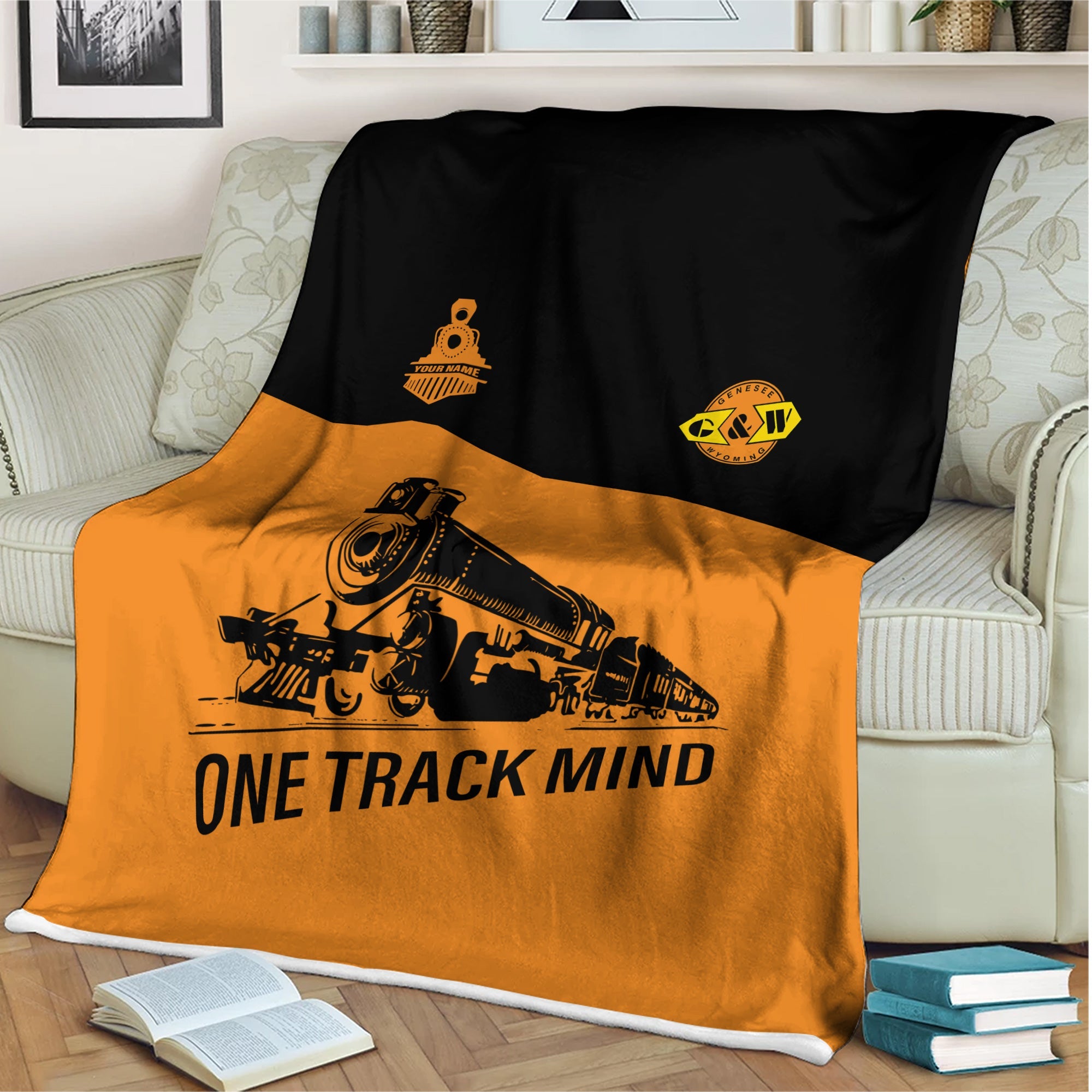 Railspirit Personalized Genesee & Wyoming Inc. Railroad Blanket One Track Mind Train Blanket Gift Idea For Train Lover