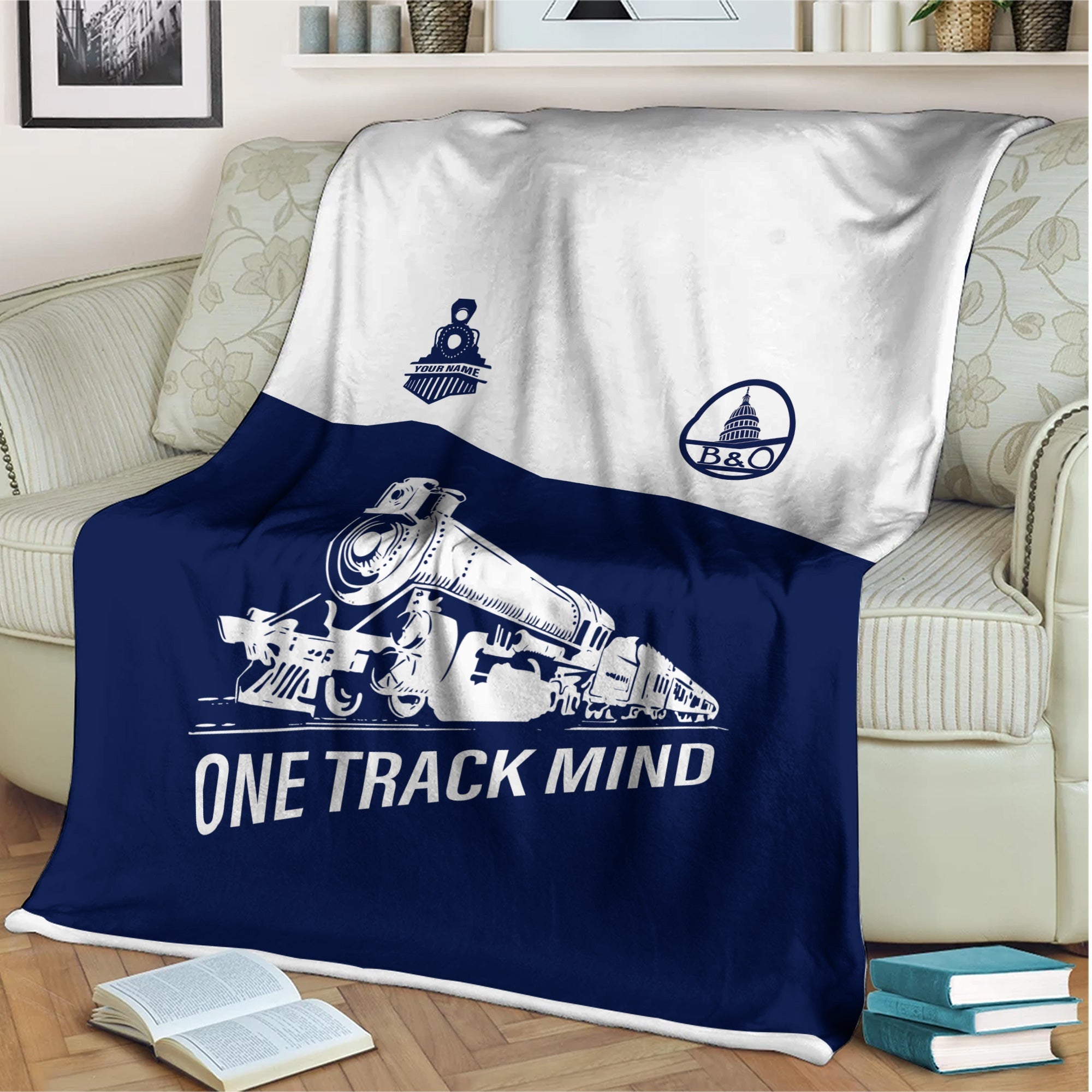 Railspirit Personalized Baltimore and Ohio Railroad Blanket One Track Mind B&O Train Blanket Gift Idea For Train Lover