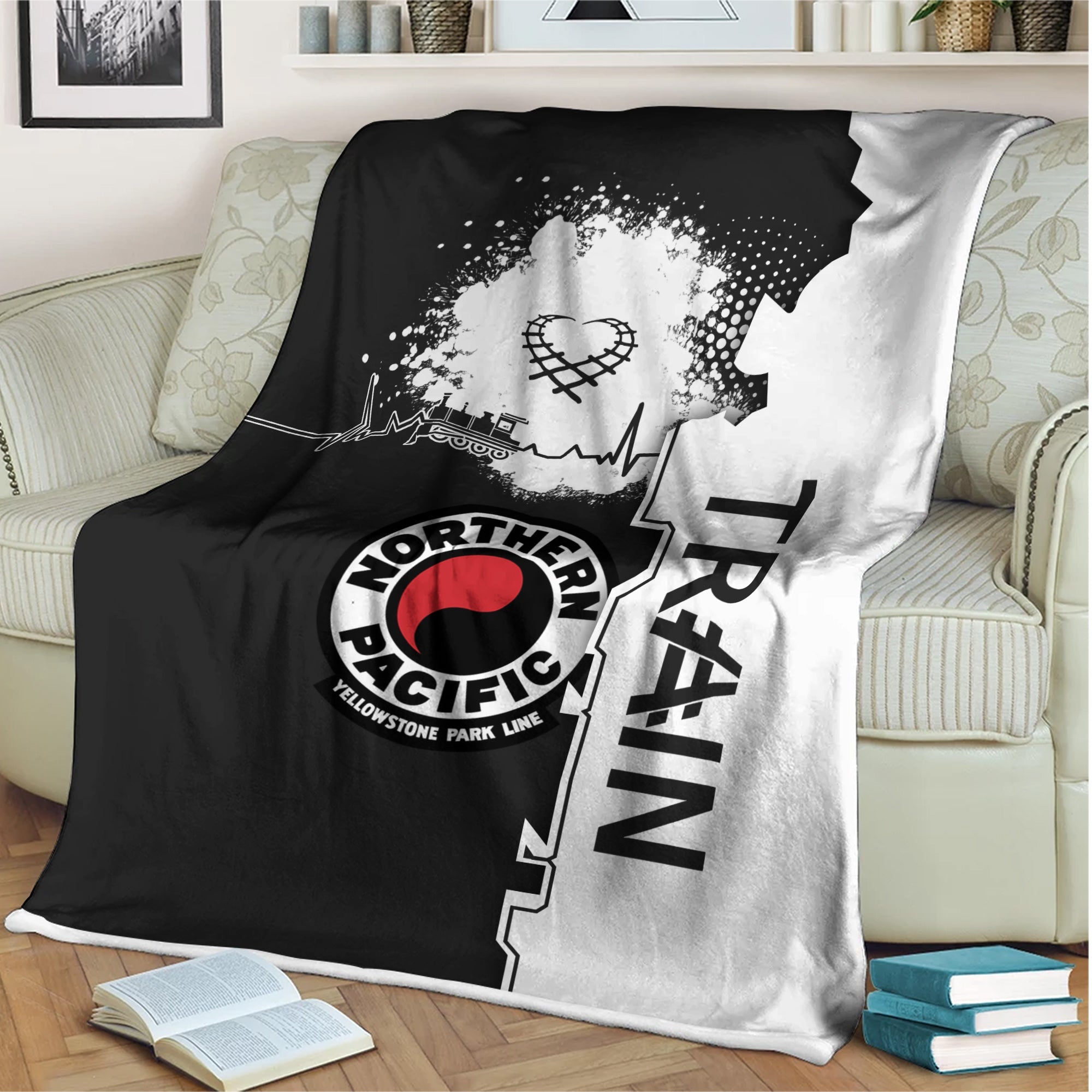 Railspirit Northern Pacific Railway Blanket Engine Heartbeat and Track Love Style Blanket Gift Idea For Train Lovers