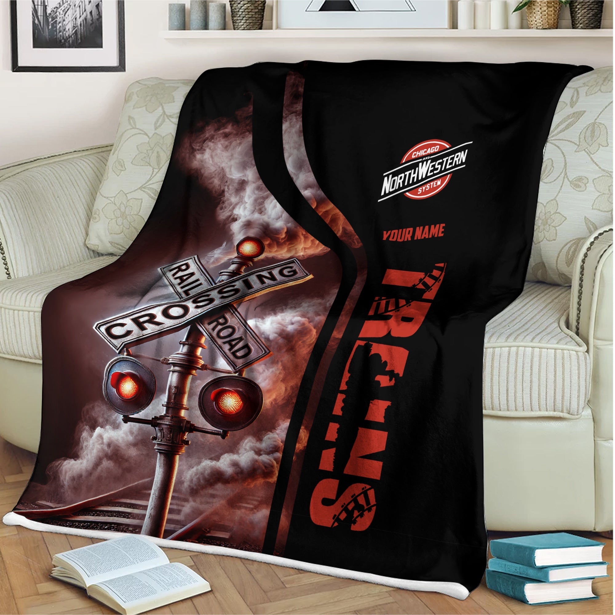 Railspirit Personalized Chicago and North Western Railway Blanket Railroad Crossing Sign Blanket All Over Print