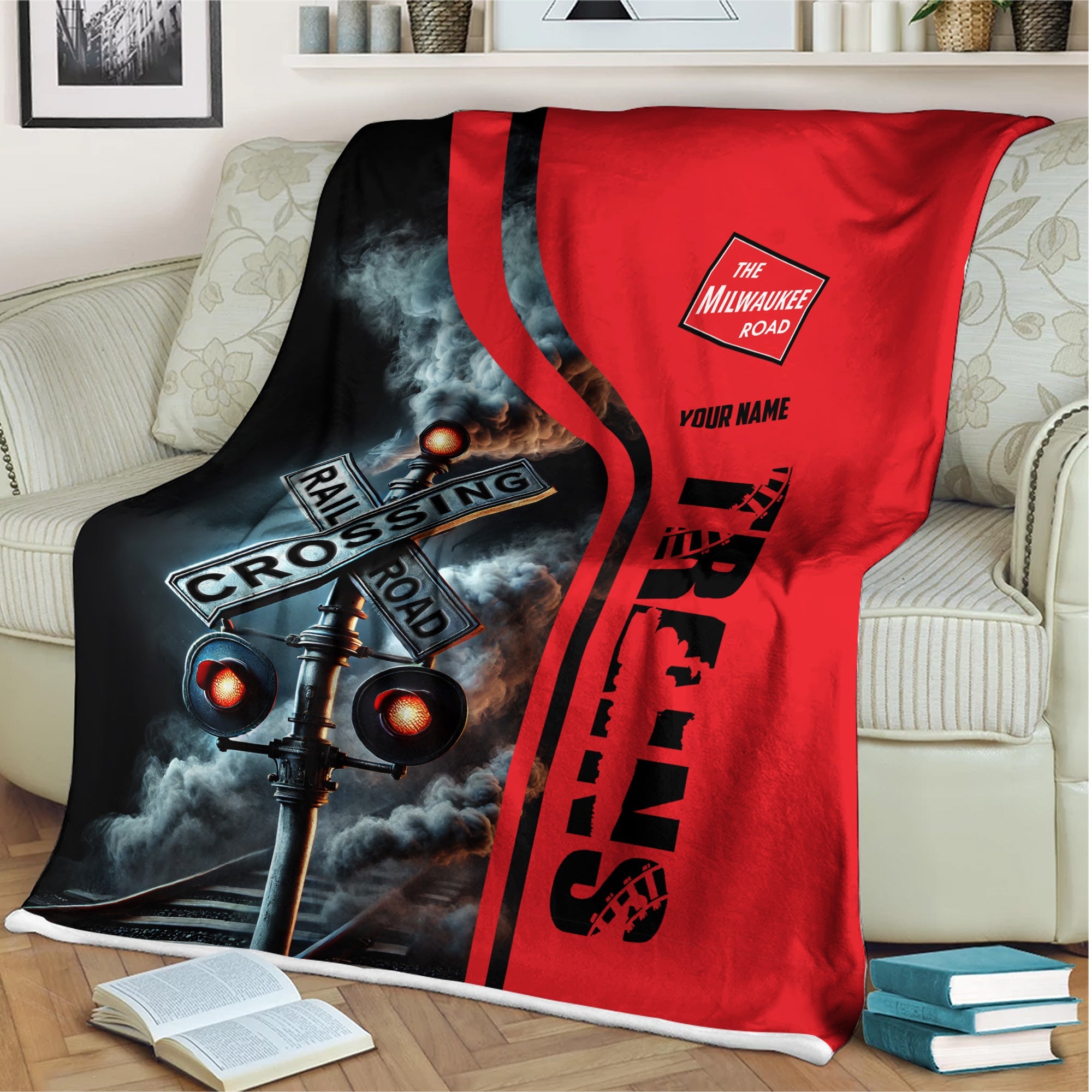 Railspirit Personalized Chicago, Milwaukee, St. Paul and Pacific Railroad Blanket Railroad Crossing Sign Milwaukee Road Blanket All Over Print