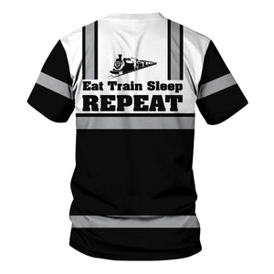 Railspirit Custom Name Reading Railroad T Shirt Eat Train Sleep Repeat Printed Train Shirt