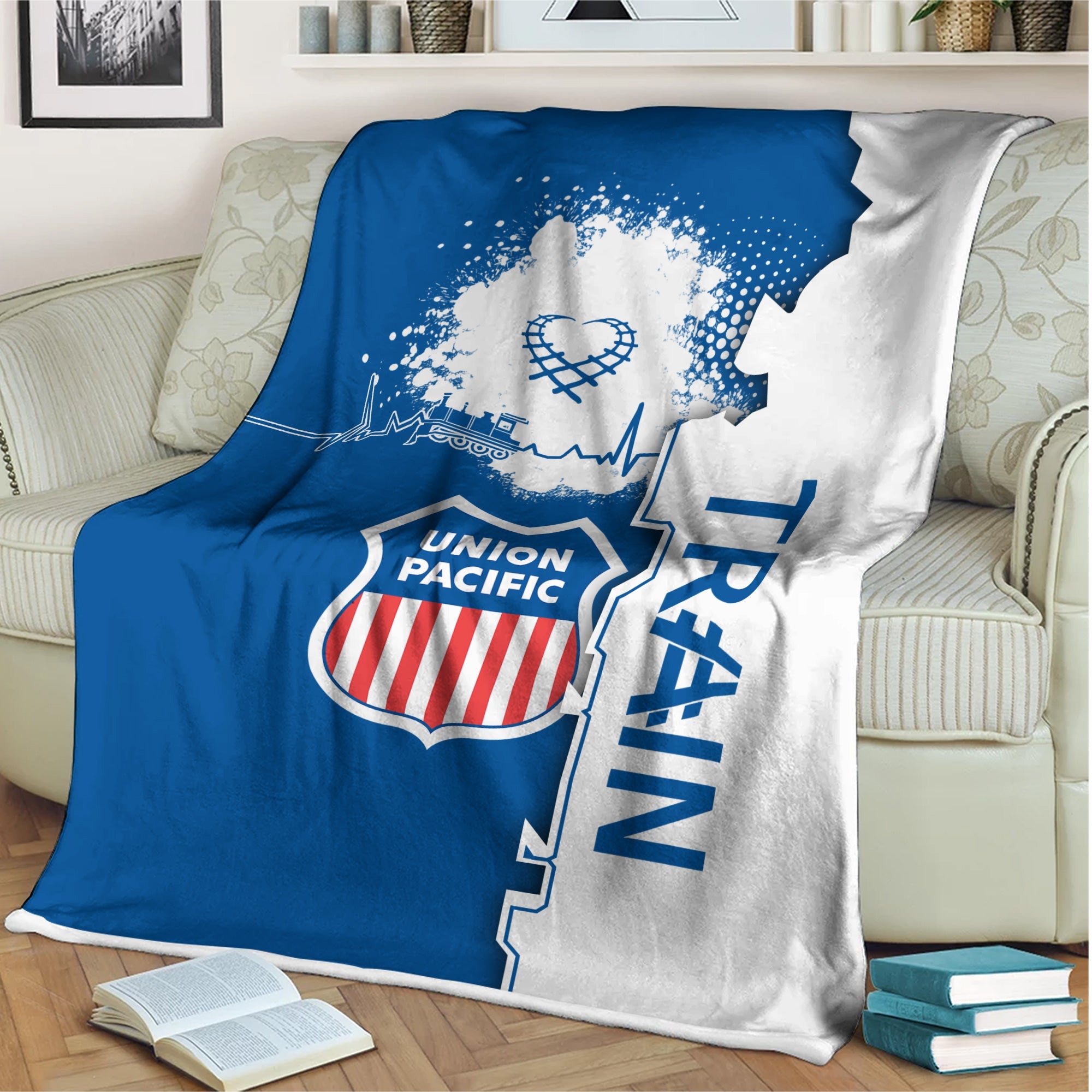 Railspirit Union Pacific Railroad Blanket Engine Heartbeat and Track Love Style Big Boy Blanket Gift Idea For Train Lovers