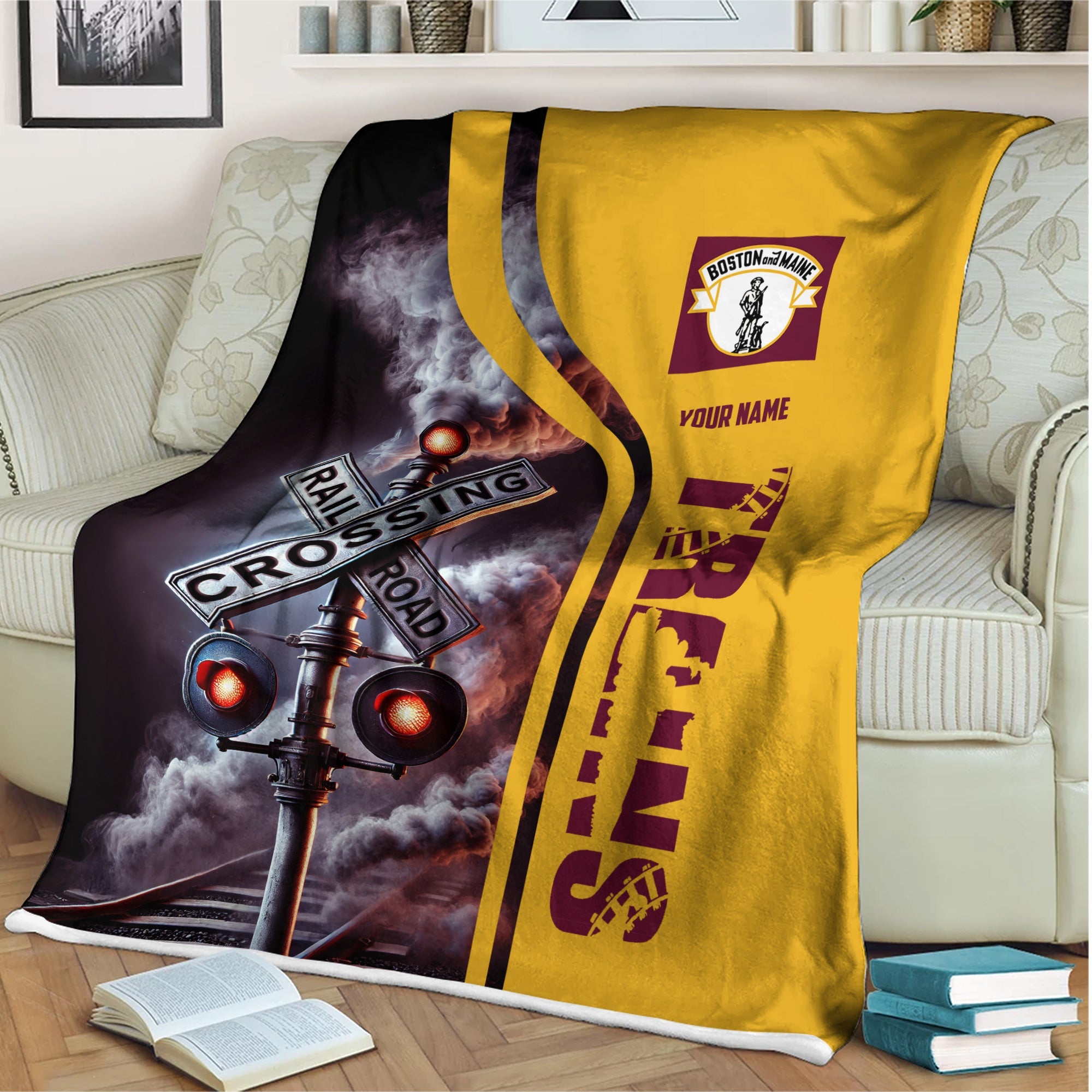 Railspirit Personalized Boston and Maine Railroad Blanket Railroad Crossing Sign Blanket All Over Print