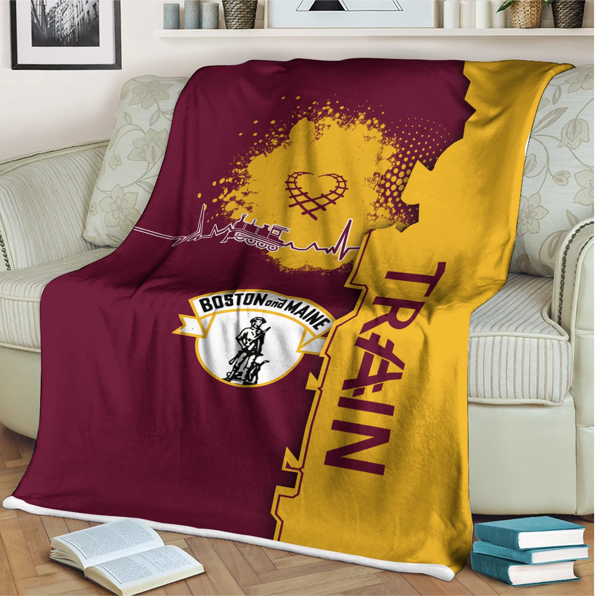 Railspirit Boston and Maine Railroad Blanket Engine Heartbeat and Track Love Style Blanket Gift Idea For Train Lovers