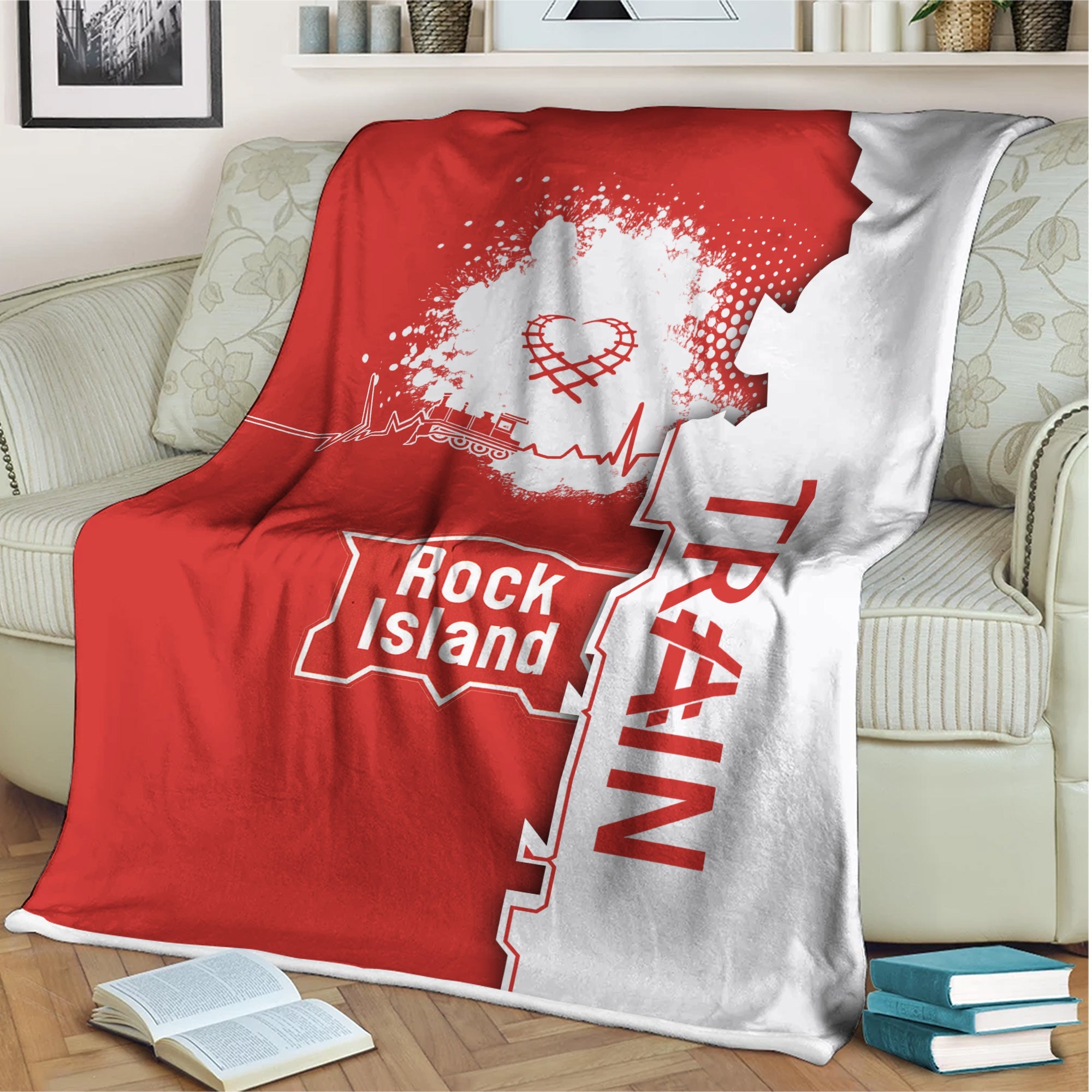 Railspirit Chicago, Rock Island and Pacific Railroad Blanket Engine Heartbeat and Track Love Style Rock Island Railroad Blanket