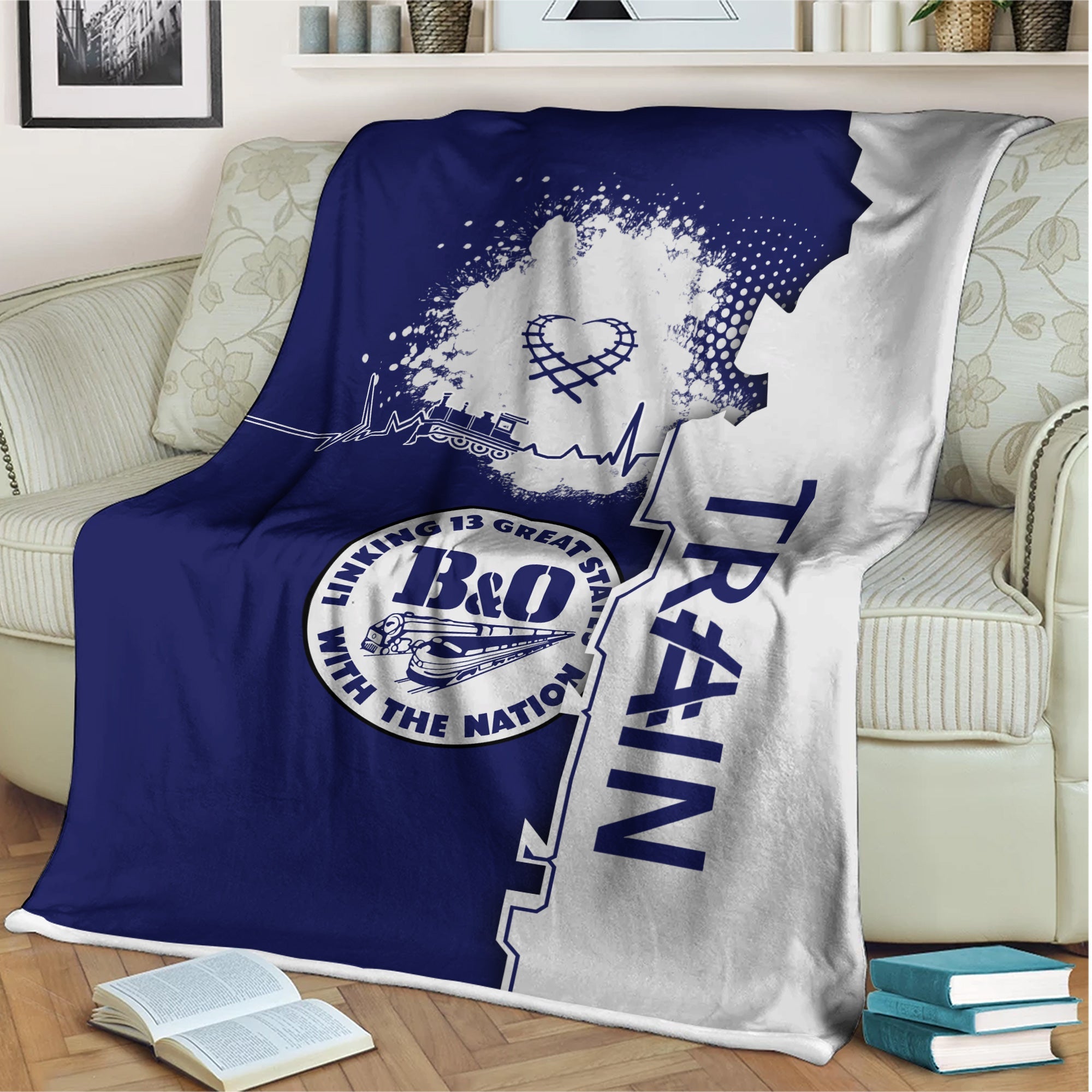 Railspirit B&O Great States Railroad Blanket Engine Heartbeat and Track Love Style Blanket Gift Idea For Train Lovers