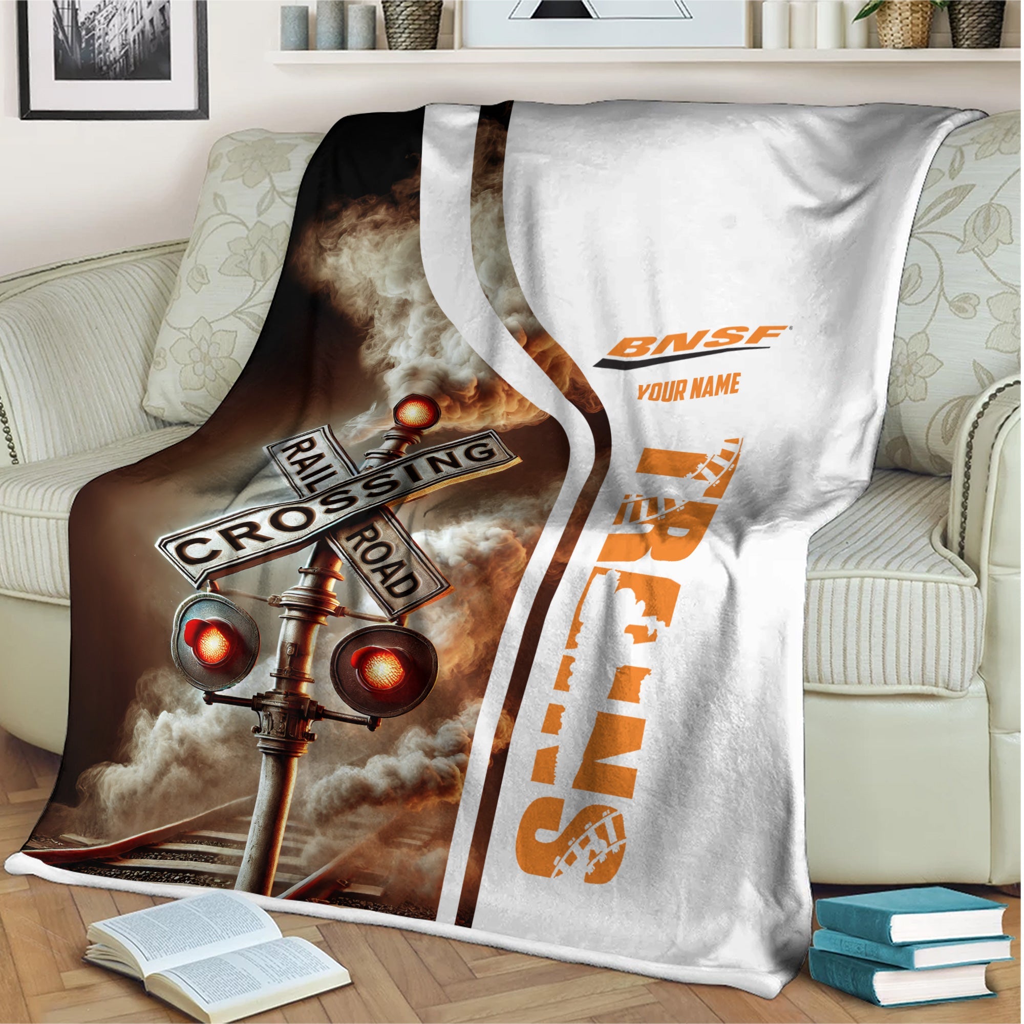 Railspirit Personalized BNSF Railway Blanket Railroad Crossing Sign Blanket All Over Print