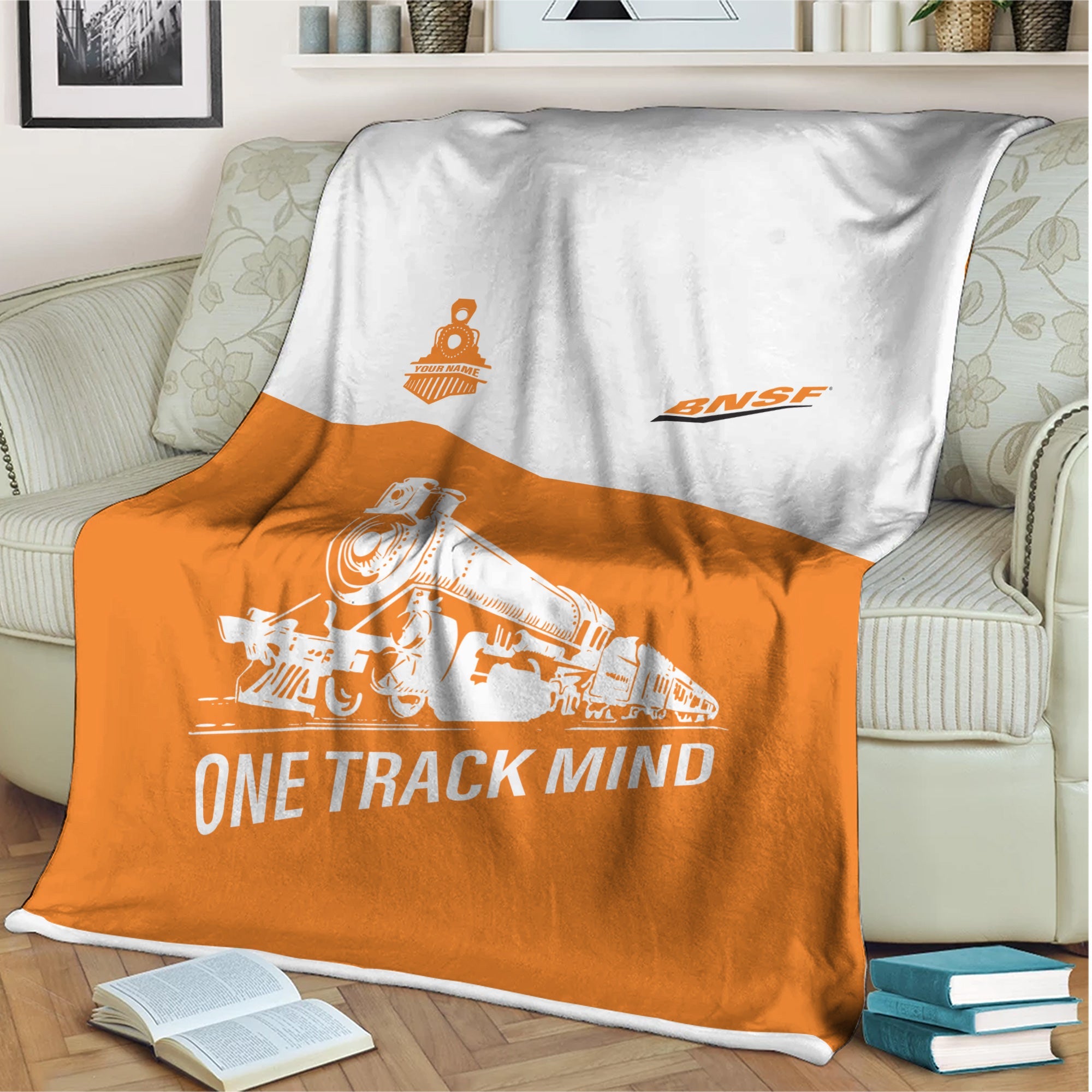Railspirit Personalized BNSF Railway Blanket One Track Mind Train Blanket Gift Idea For Train Lover