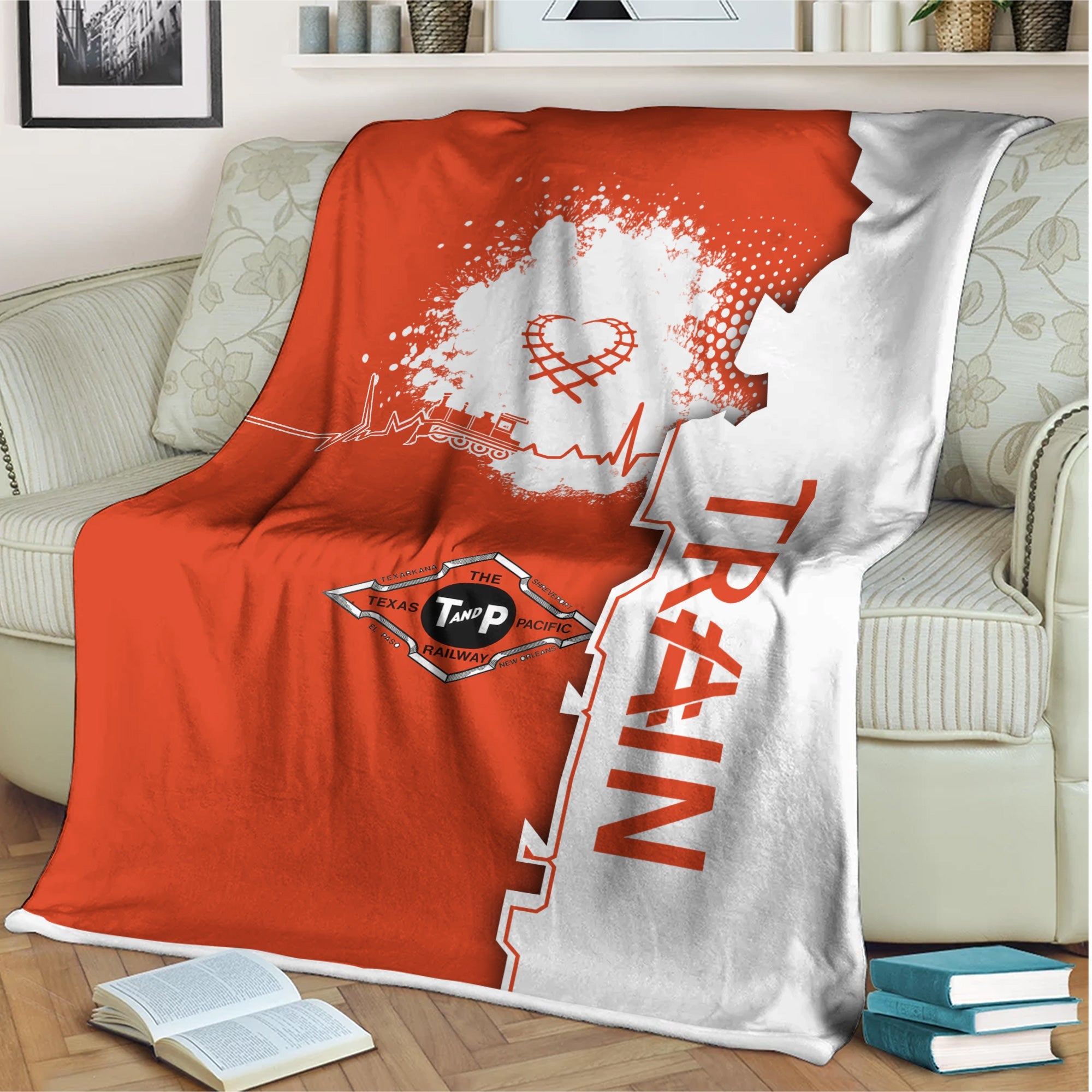 Railspirit Texas and Pacific Railway Blanket Engine Heartbeat and Track Love Style Blanket Gift Idea For Train Lovers