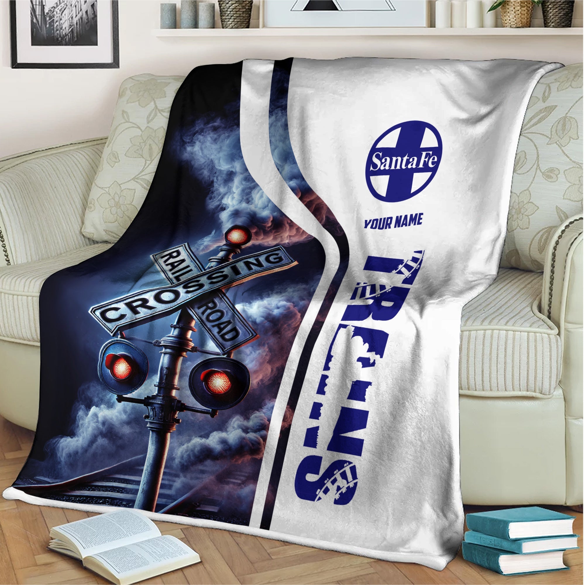 Railspirit Personalized Santa Fe Railway Blanket Railroad Crossing Sign Atchison, Topeka and Santa Fe Railway Blanket All Over Print