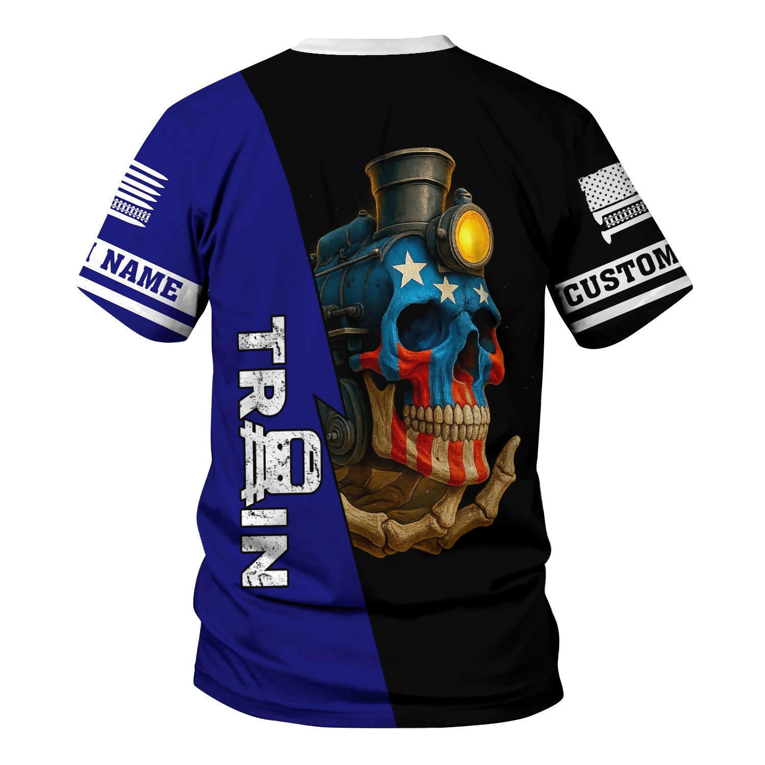 Railspirit Personalized Santa Fe Railway T-Shirt Train Skull American Flag Atchison, Topeka and Santa Fe Railway Shirt All Over Print