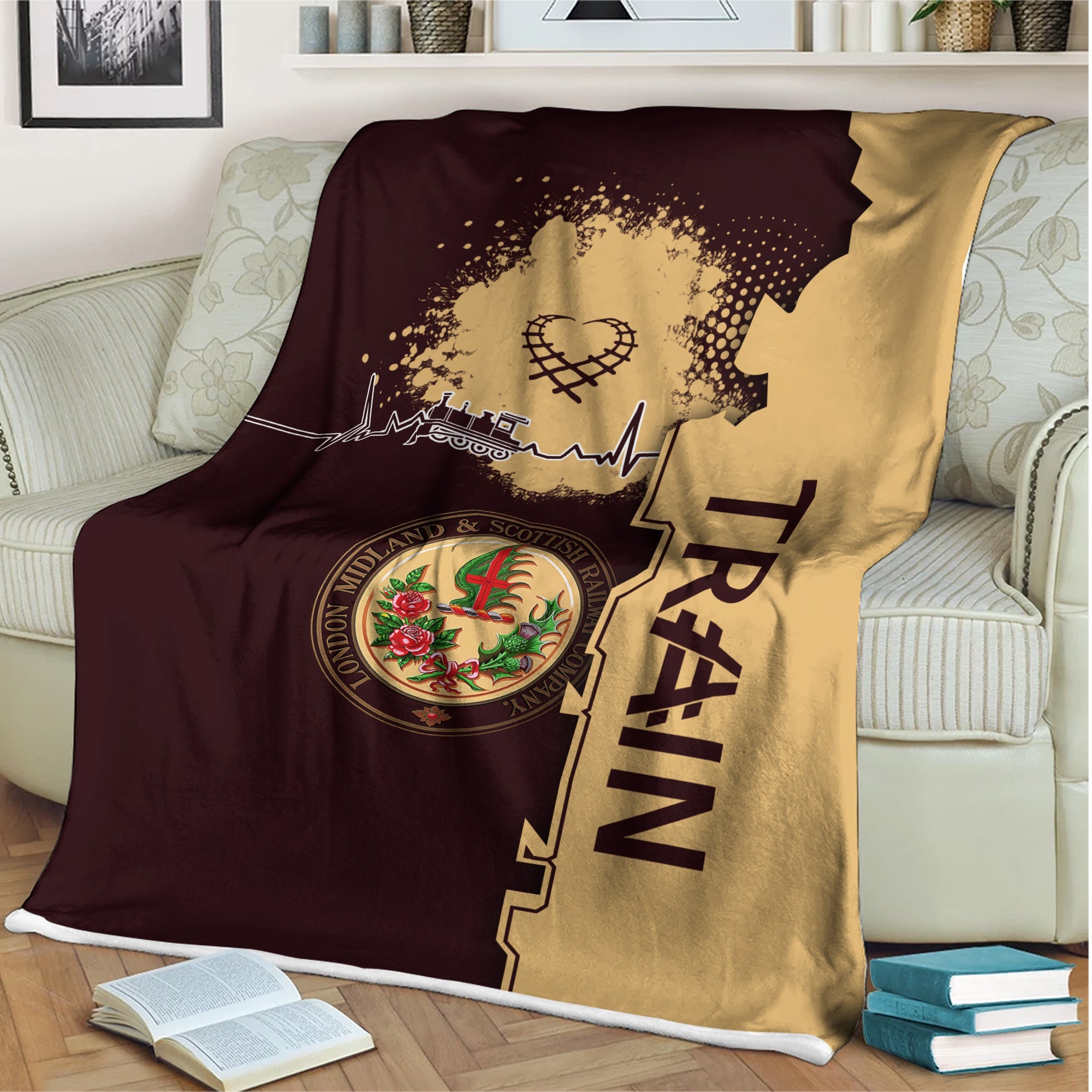 Railspirit London, Midland and Scottish Railway Blanket Engine Heartbeat and Track Love Style Blanket Gift Idea For Train Lovers