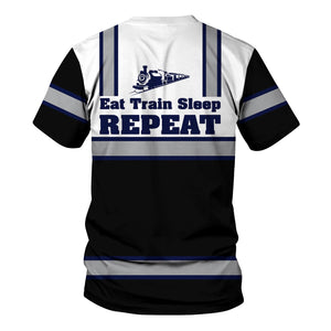 Railspirit Custom Name CNJ Jersey Central Railroad T Shirt Eat Train Sleep Repeat Printed Train Shirt