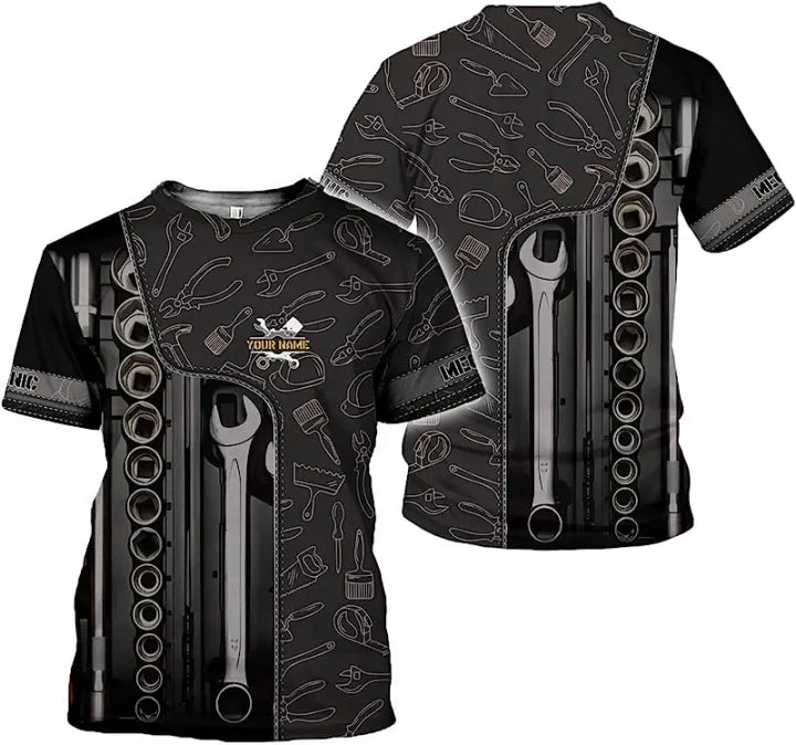 Personalized Mechanic Tool Graphic Shirt with Custom Name Wrench and Socket 3D Work T Shirt Gift for Men