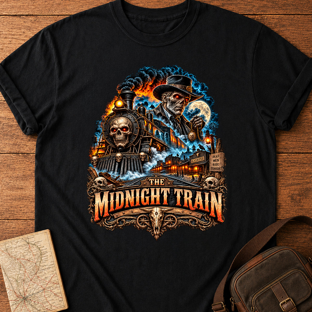 Spooky Midnight Train Eternal Skull Conductor T-shirt