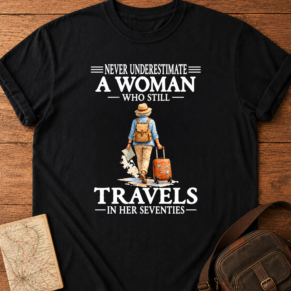 Never Underestimate A Woman Who Still Travels In Her Seventies T-shirt