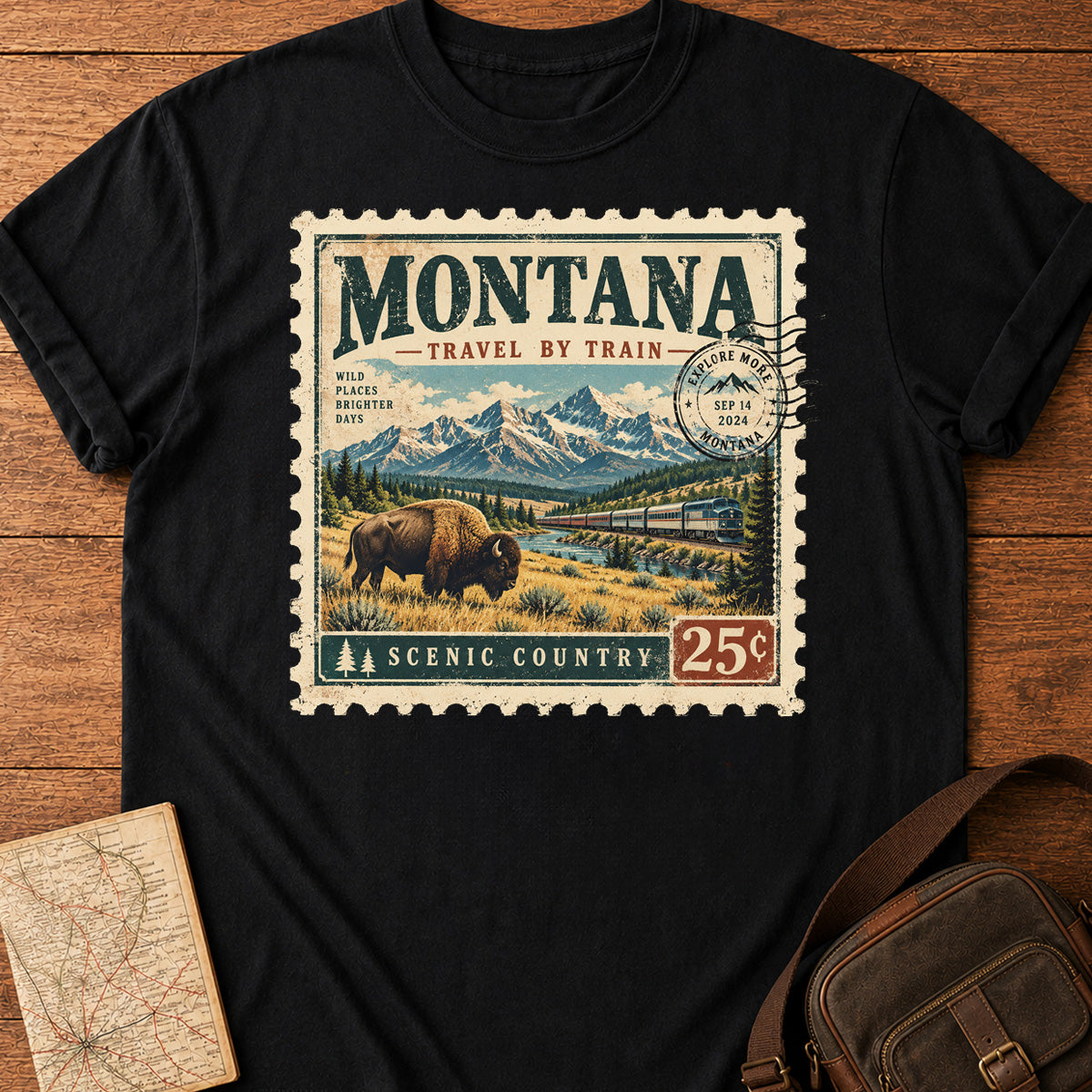 Montana Bison & Mountains Train Ticket T-shirt