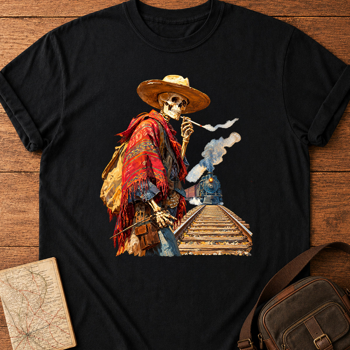 Smoking Skeleton Cowboy Standing By Train Tracks T-shirt