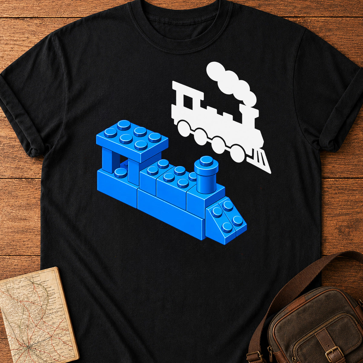 Blue Building Block Train and Its Black Silhouette T-shirt