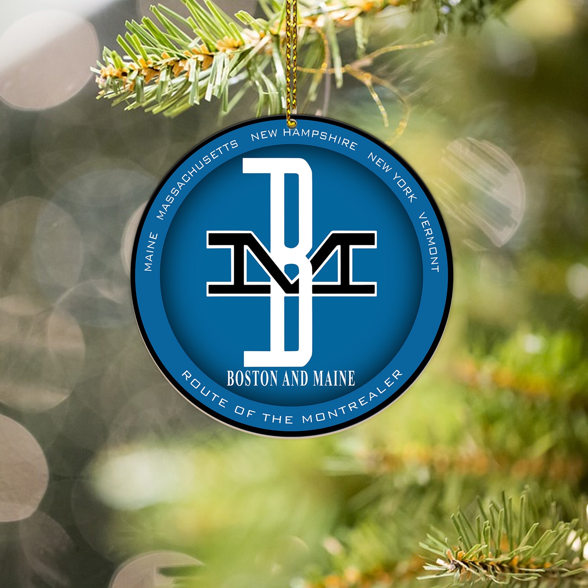 Bostonmaine Ornament, Vintage Train Logo Round Christmas Decoration for Collectors and Fans