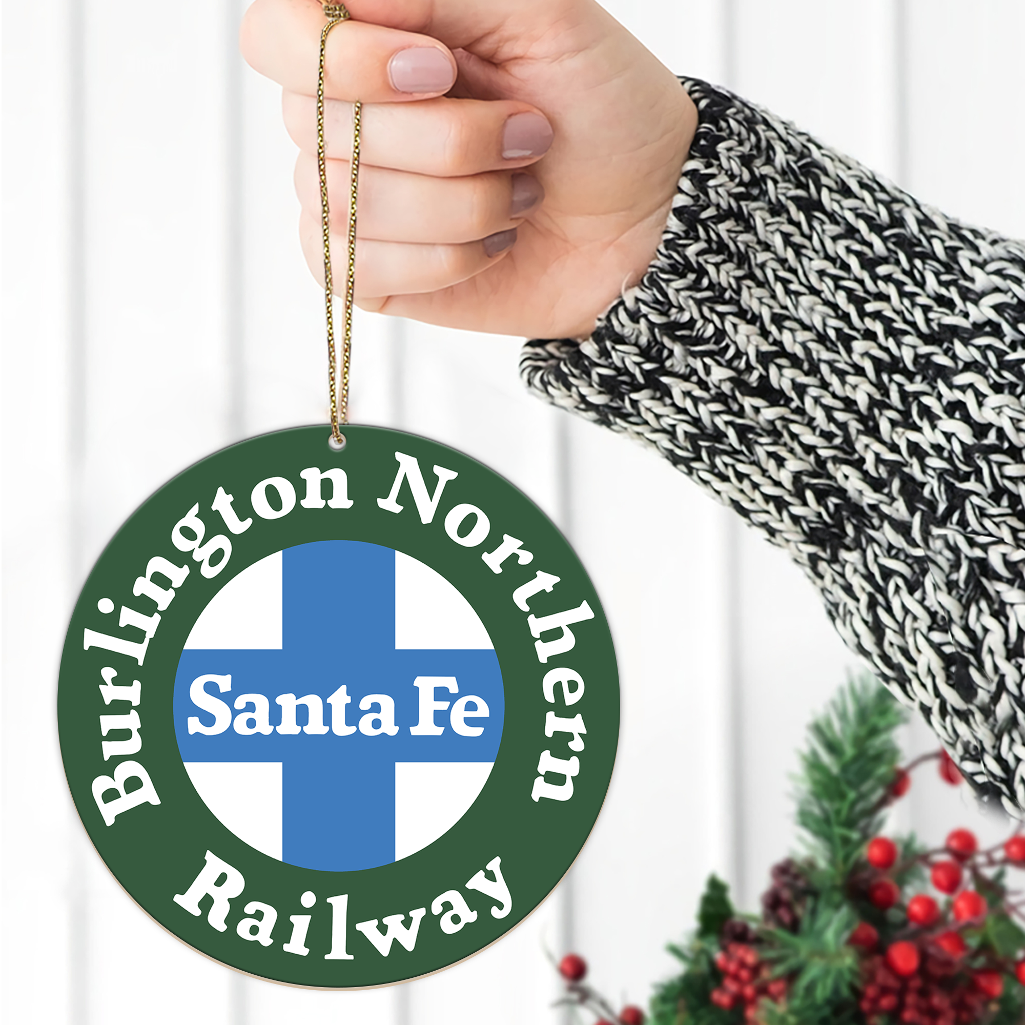 Burlington Northern Railroad Ornament, Vintage Train Logo Round Christmas Tree Decoration, Retro Railway Gift Idea