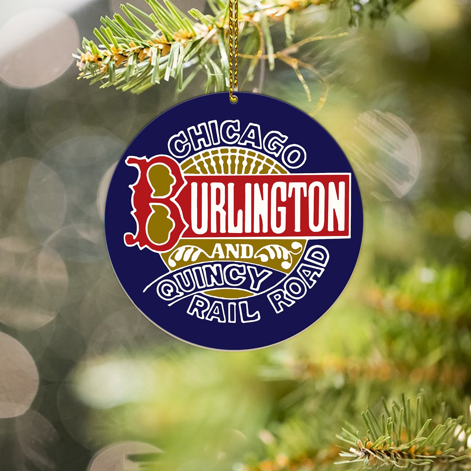 Chicago Burlington and Quincy Railroad Ornament, Vintage Train Logo Round Christmas Tree Decoration, Retro Railway Gift