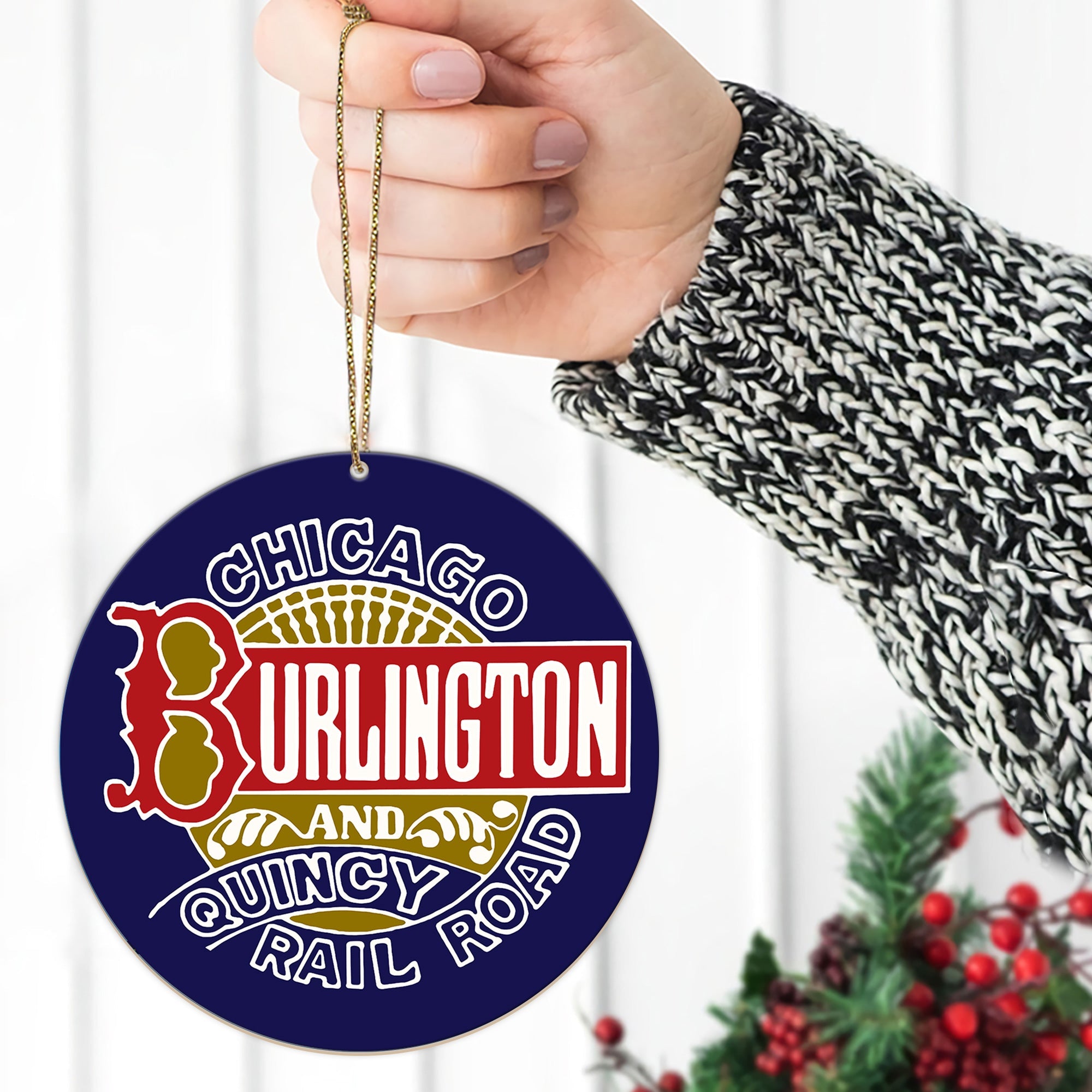 Chicago Burlington and Quincy Railroad Ornament, Vintage Train Logo Round Christmas Tree Decoration, Retro Railway Gift