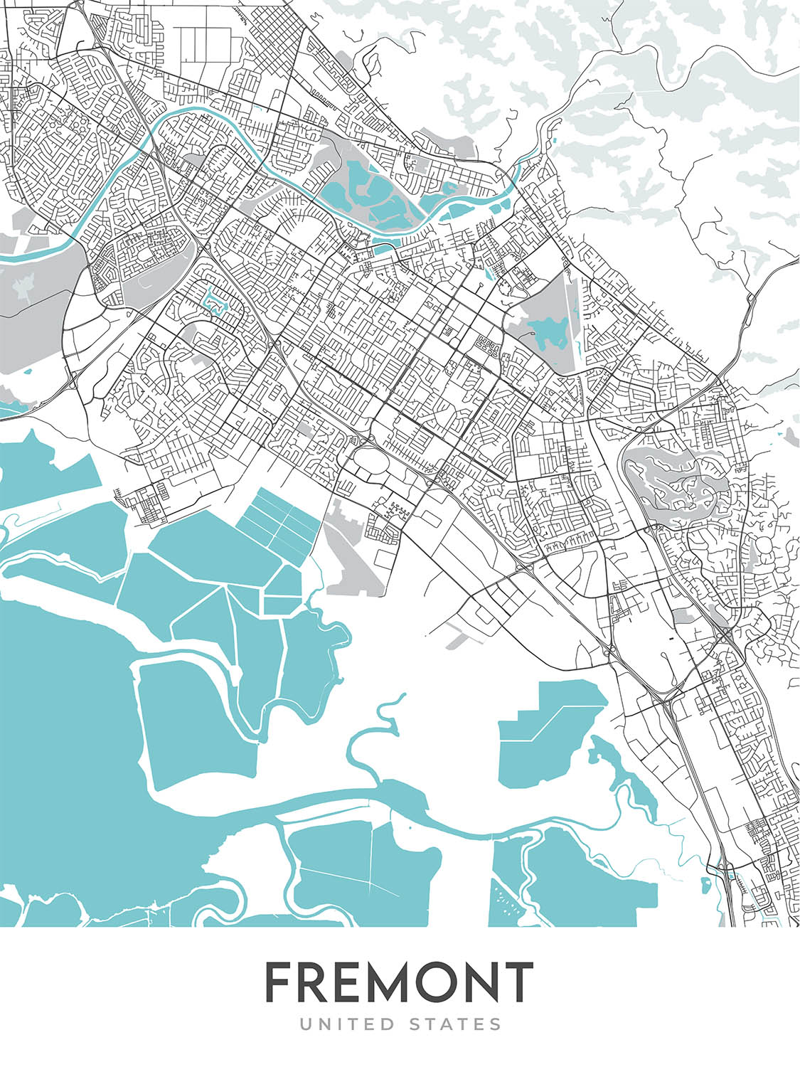 Modern City Map of Fremont, CA: Ardenwood, Mission San Jose, Niles Canyon Railway, Tesla Factory, Warm Springs