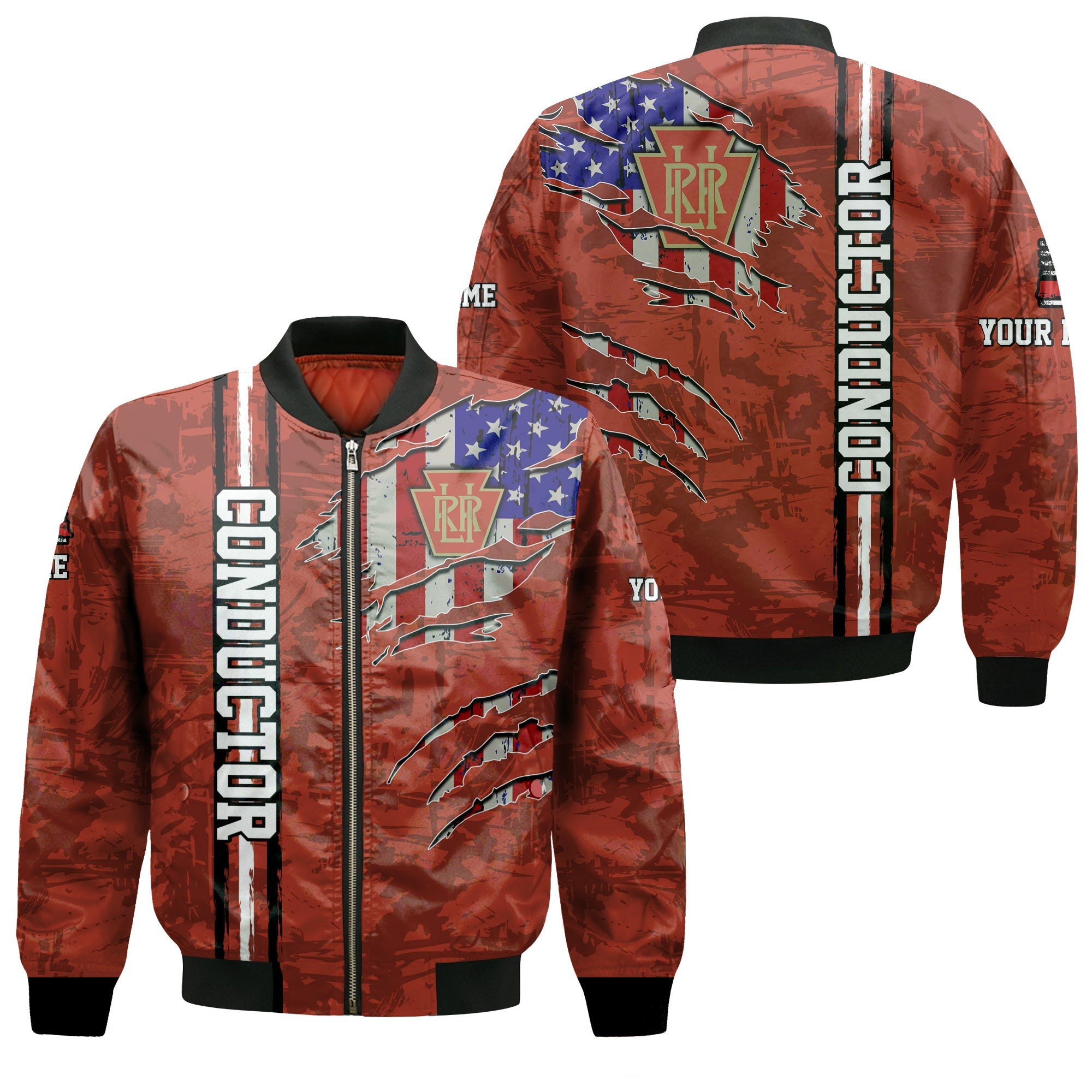 Railspirit Personalized Long Island Railroad Bomber Jacket USA Flag Claw Art with Custom Job Train Jacket