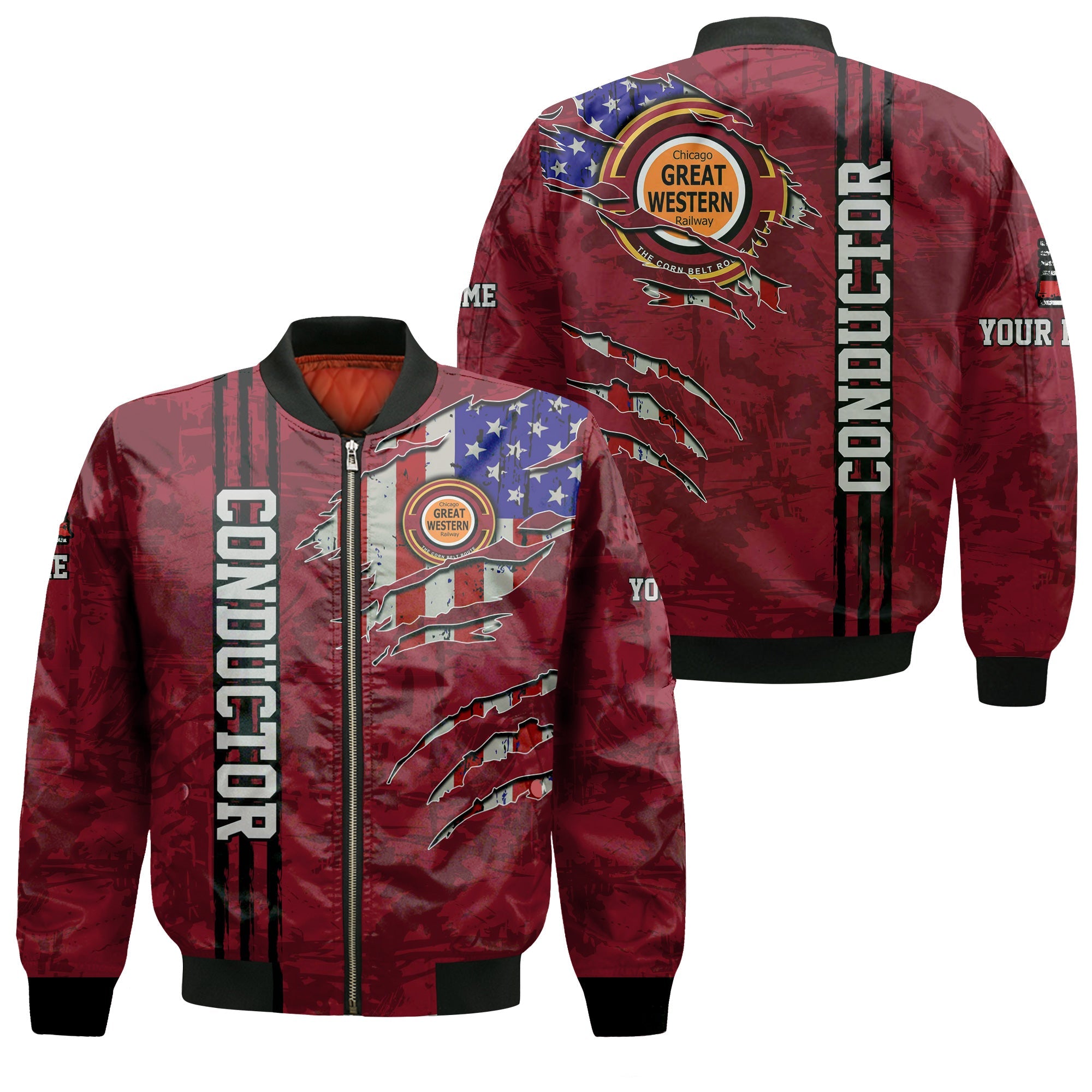 Railspirit Personalized Chicago Great Western Railroad Bomber Jacket USA Flag Claw Art with Custom Job Train Jacket