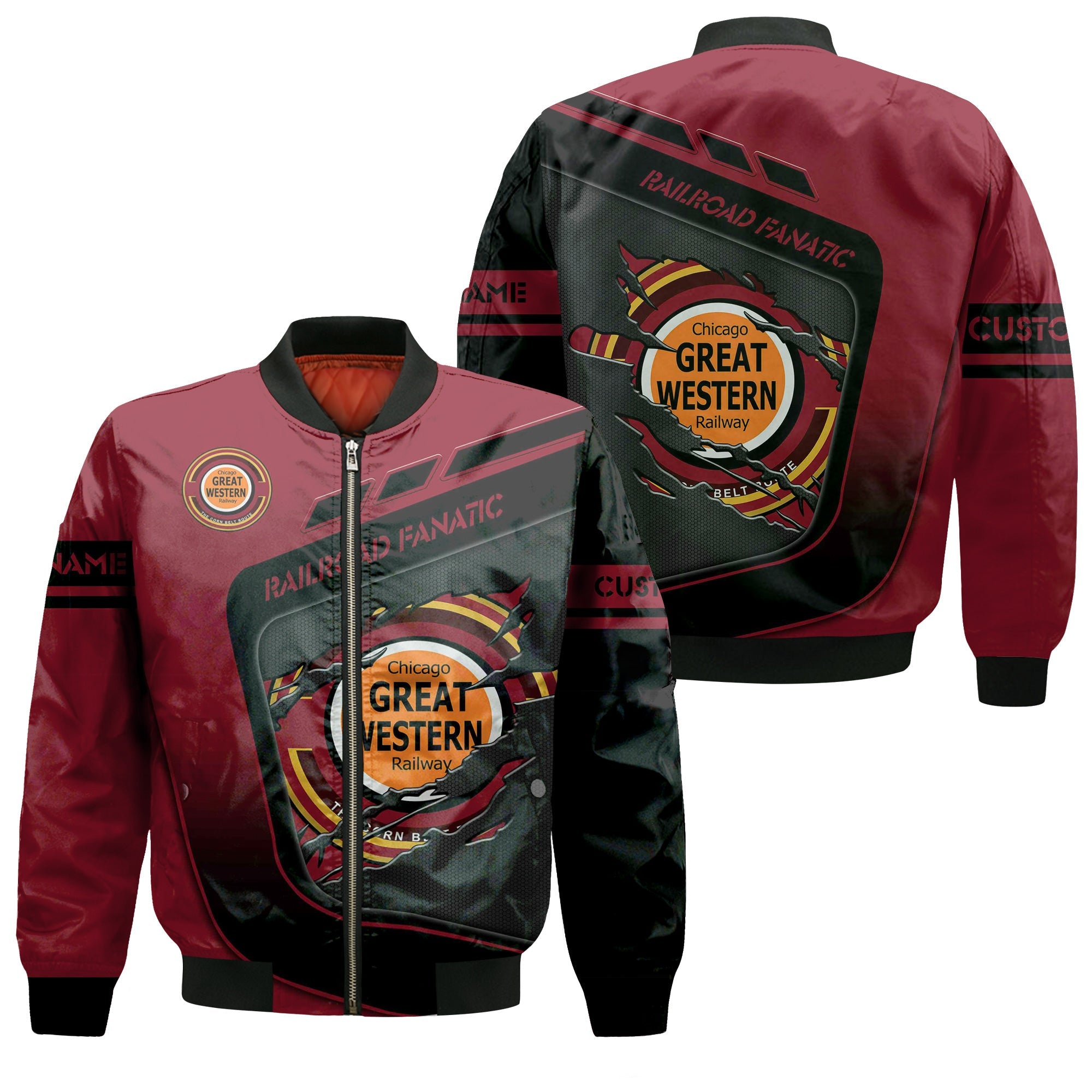 Railspirit Personalized Chicago Great Western Railroad Bomber Jacket Ripped Texture Style Train Jacket For Railroad Fanatic
