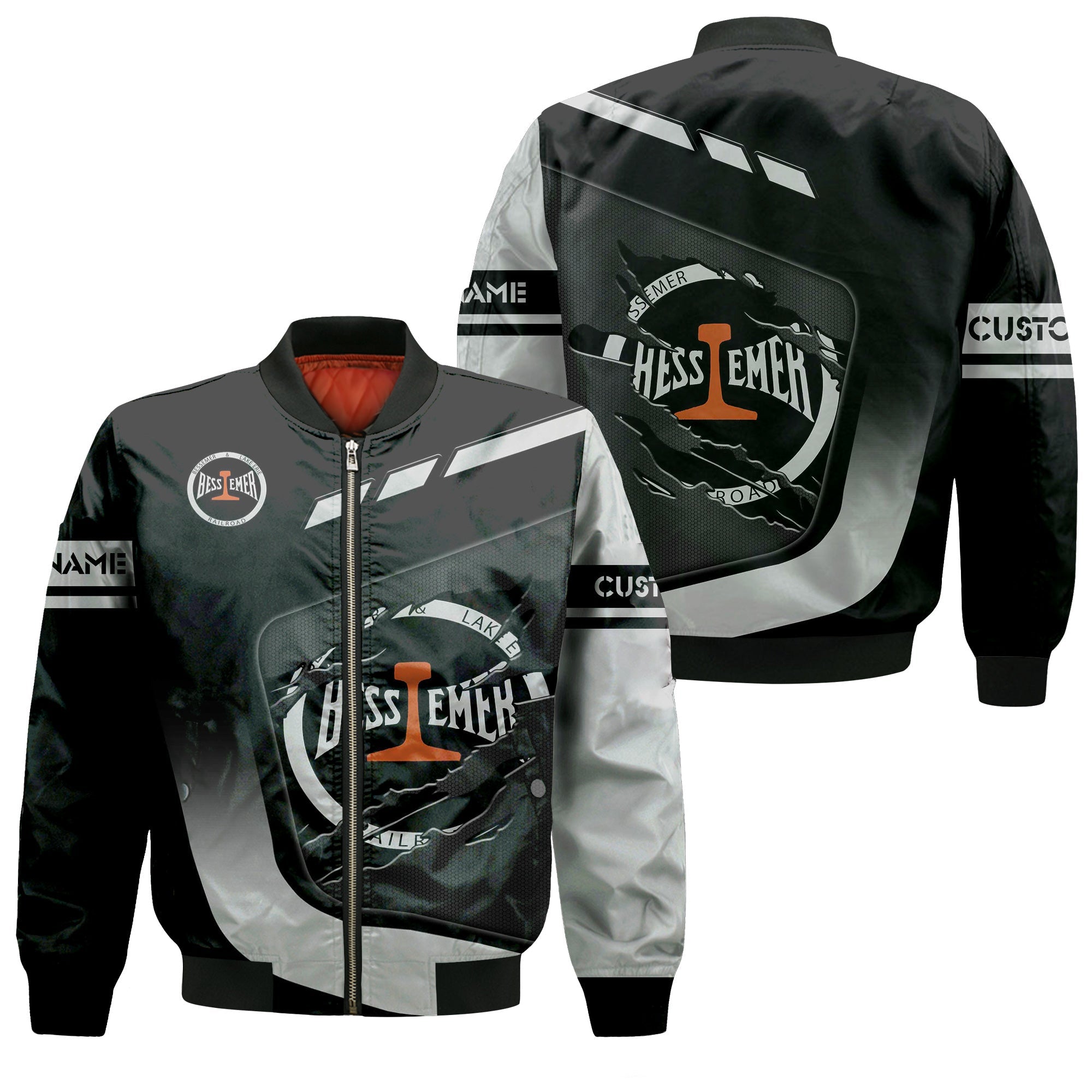 Railspirit Personalized Bessemer And Lake Erie Railroad Bomber Jacket Ripped Texture Style Train Jacket For Railroad Fanatic