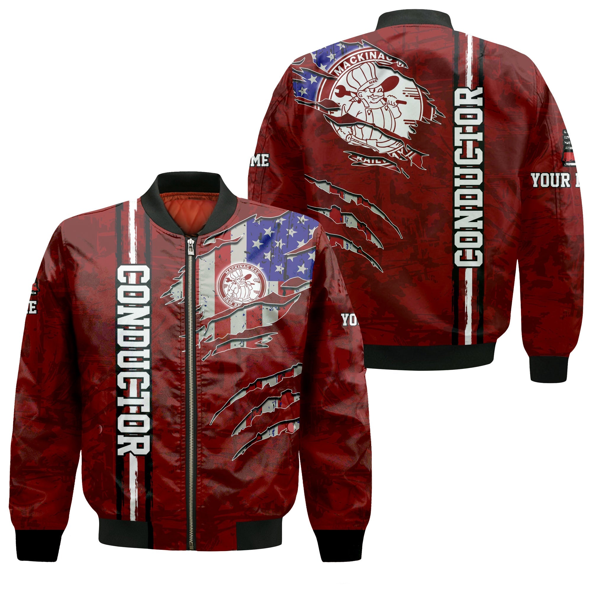 Railspirit Personalized Detroit & Mackinac Railroad Bomber Jacket USA Flag Claw Art with Custom Job Train Jacket