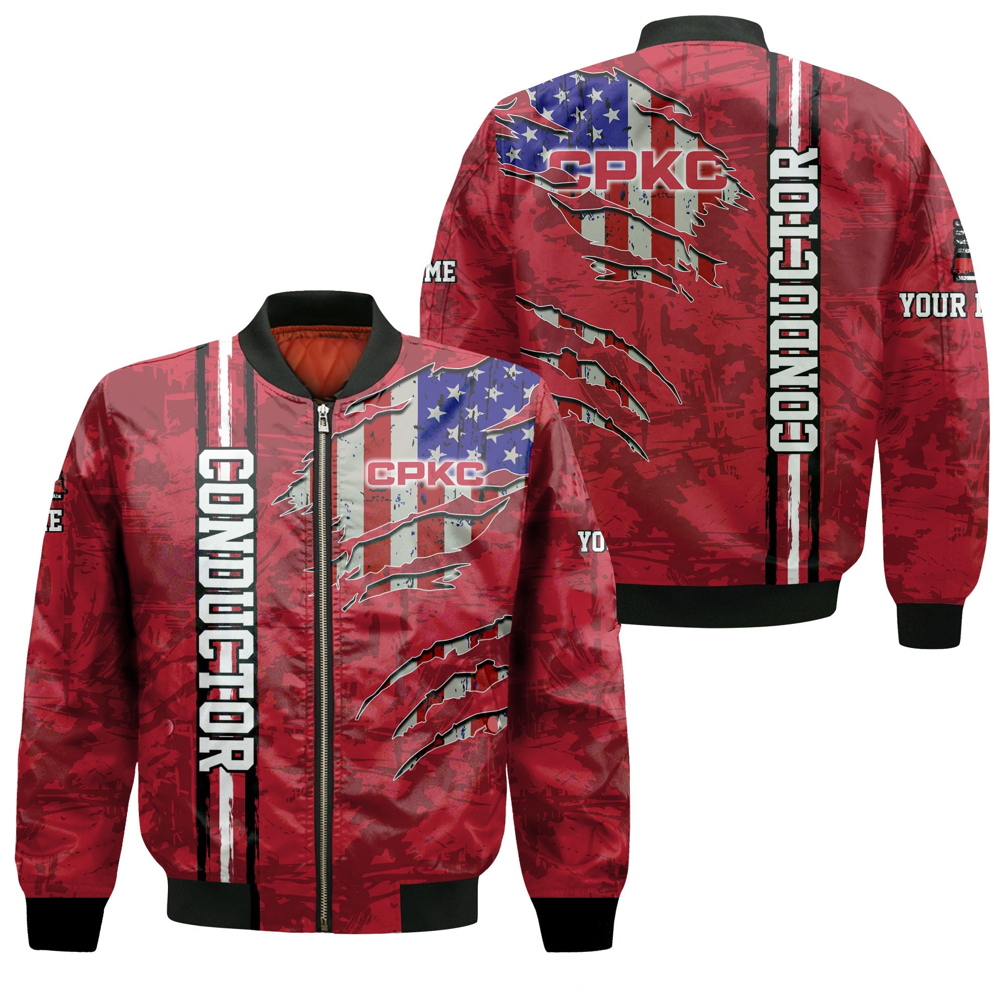 Railspirit Personalized Canadian Pacific Kansas City Bomber Jacket USA Flag Claw Art with Custom Job CPKC Train Jacket
