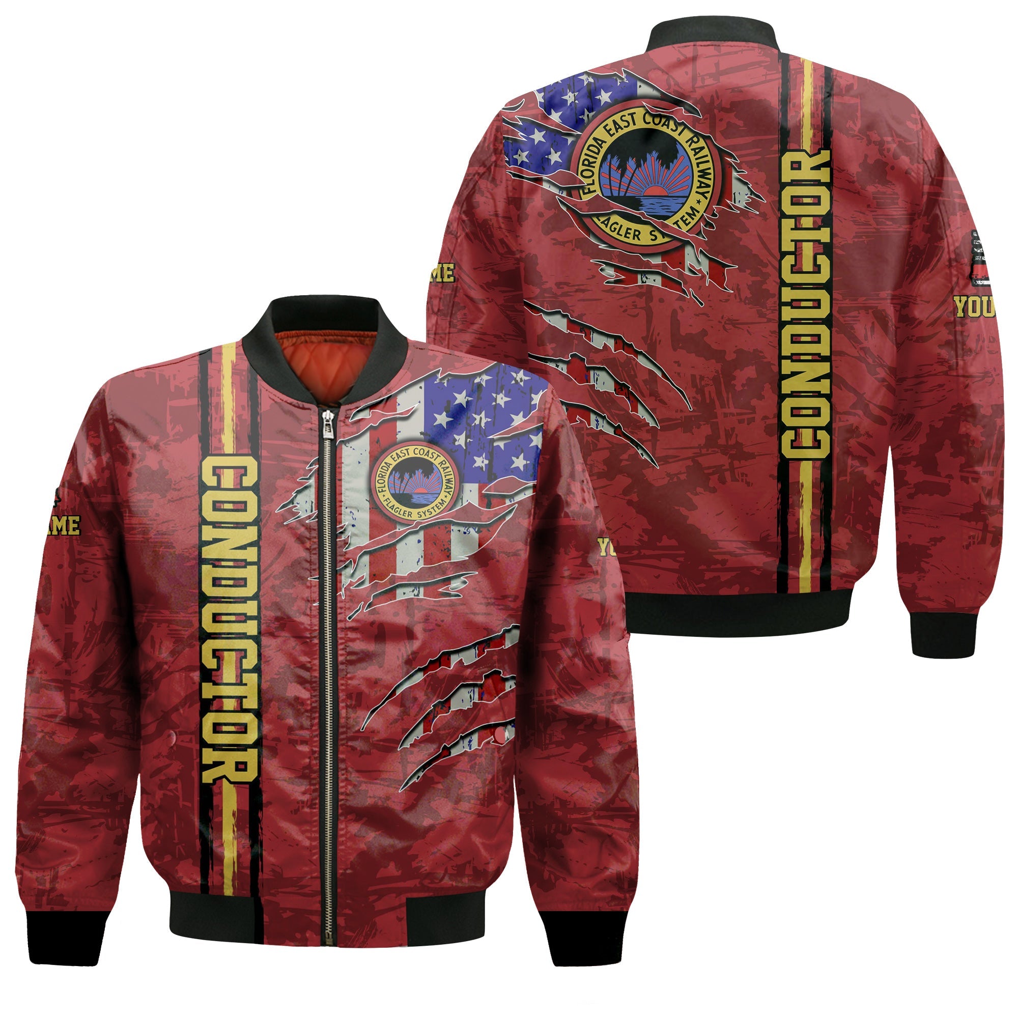 Railspirit Personalized Florida East Coast Railway Bomber Jacket USA Flag Claw Art with Custom Job Train Jacket