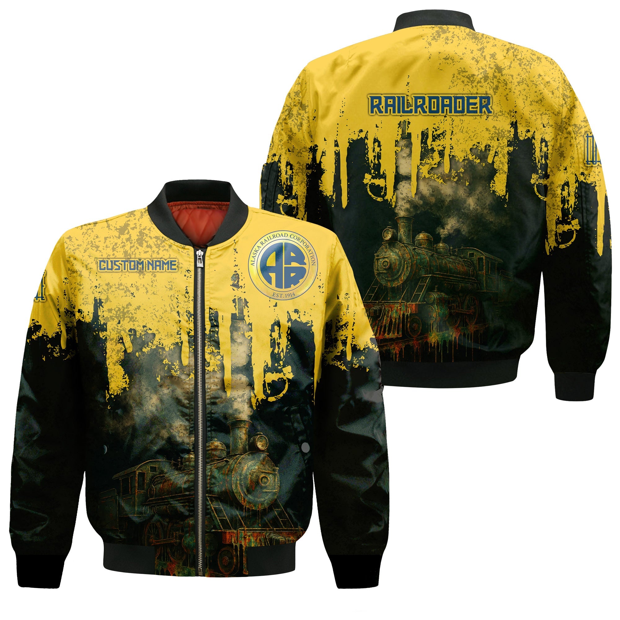 Railspirit Personalized Alaska Railroad Bomber Jacket Vintage Train Art Style Bomber For Locomotive Fans